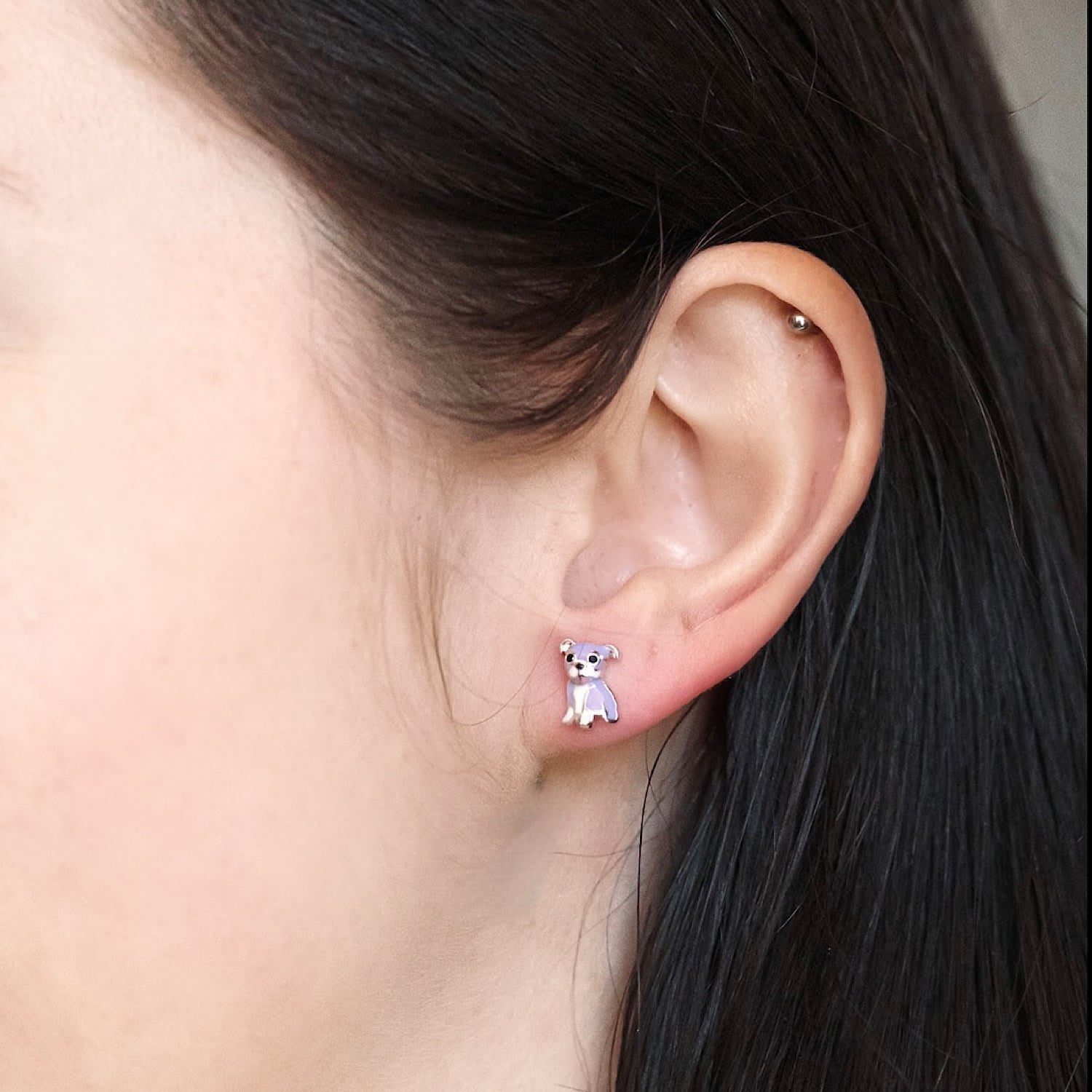 Cloud Haven Purple Bulldog Stud Earrings Silver