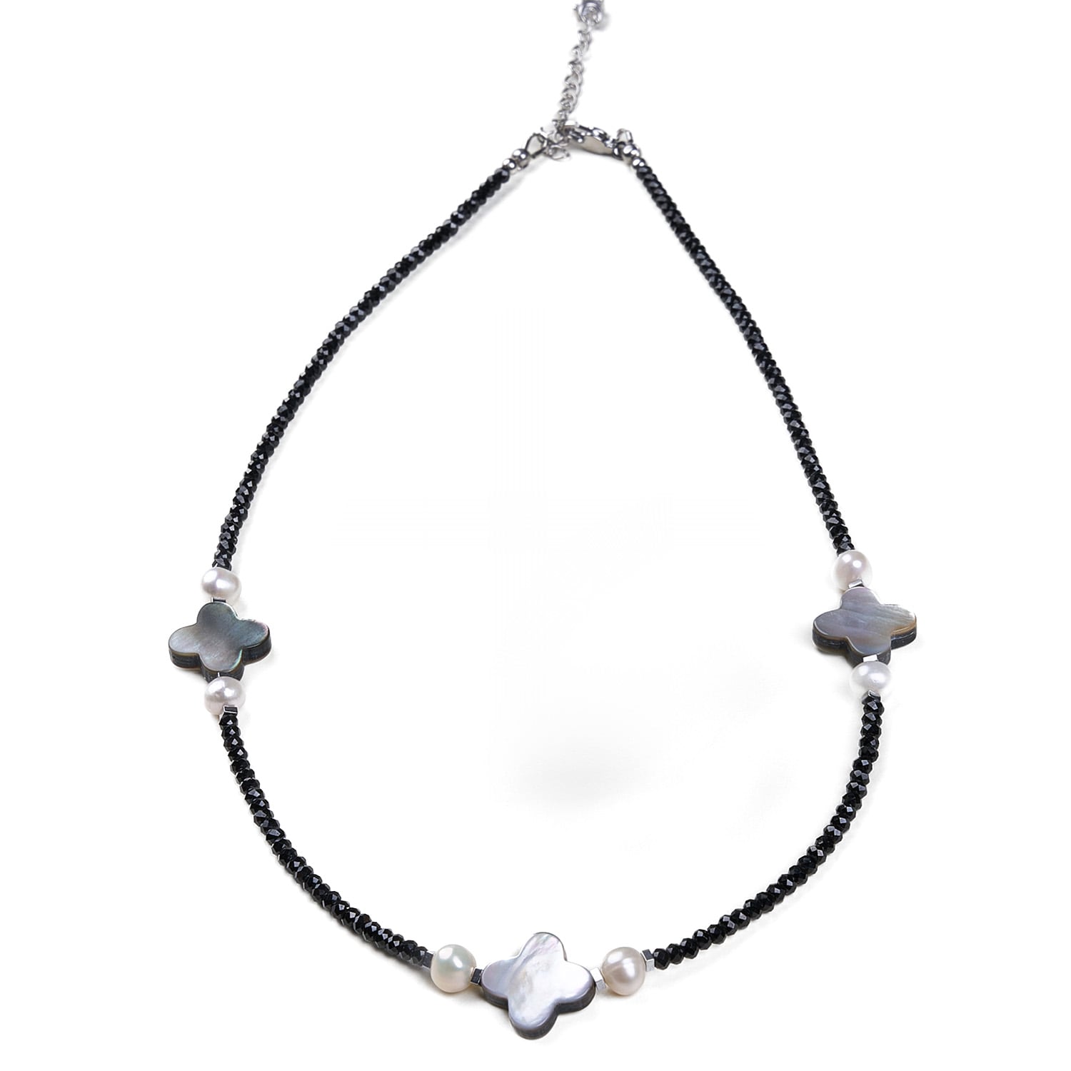 Clover Charm Necklace With Black Quartz & Freshwater Pearls
