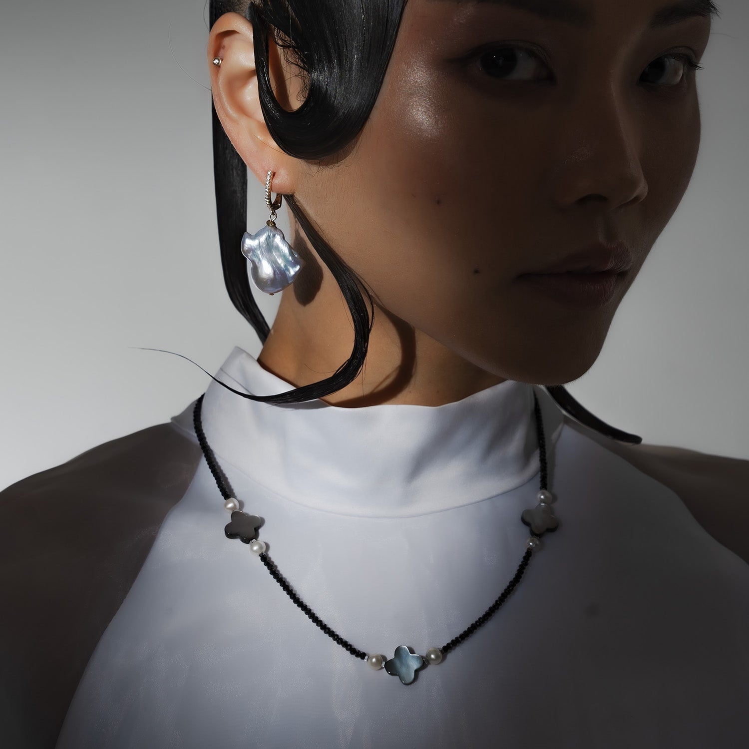 Clover Charm Necklace With Black Quartz & Freshwater Pearls