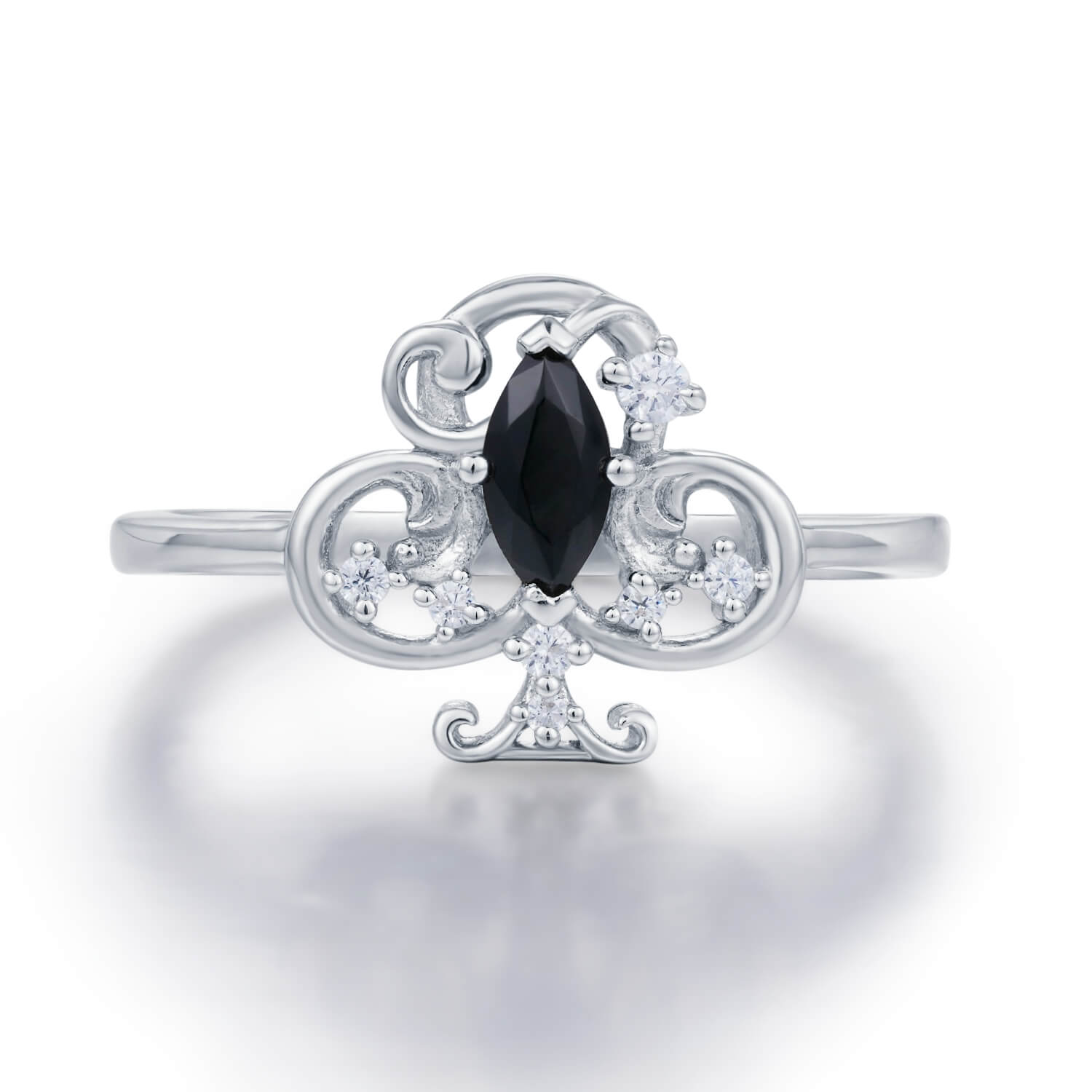Clover Club Black Onyx Ring White Gold Vermeil