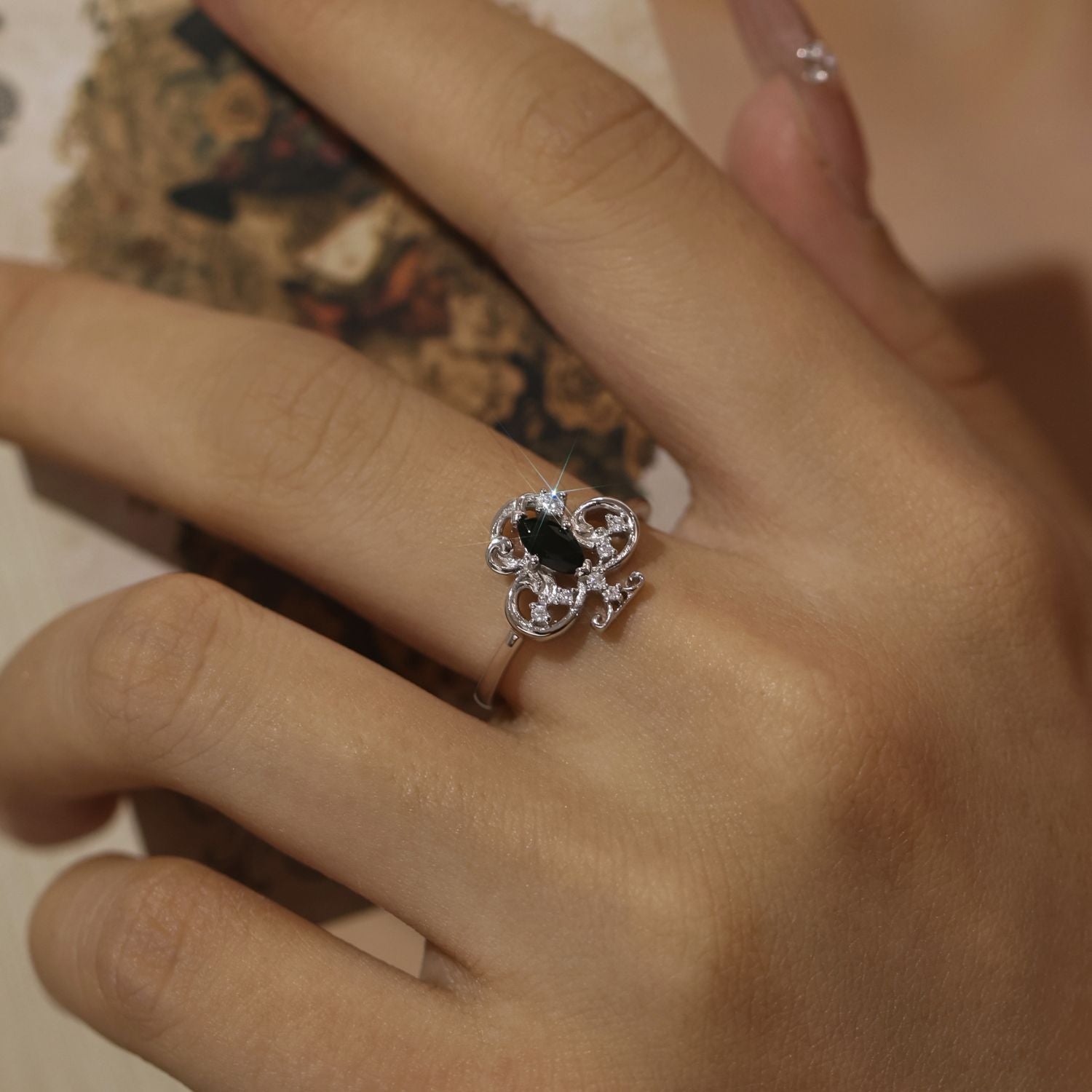 Clover Club Black Onyx Ring White Gold Vermeil