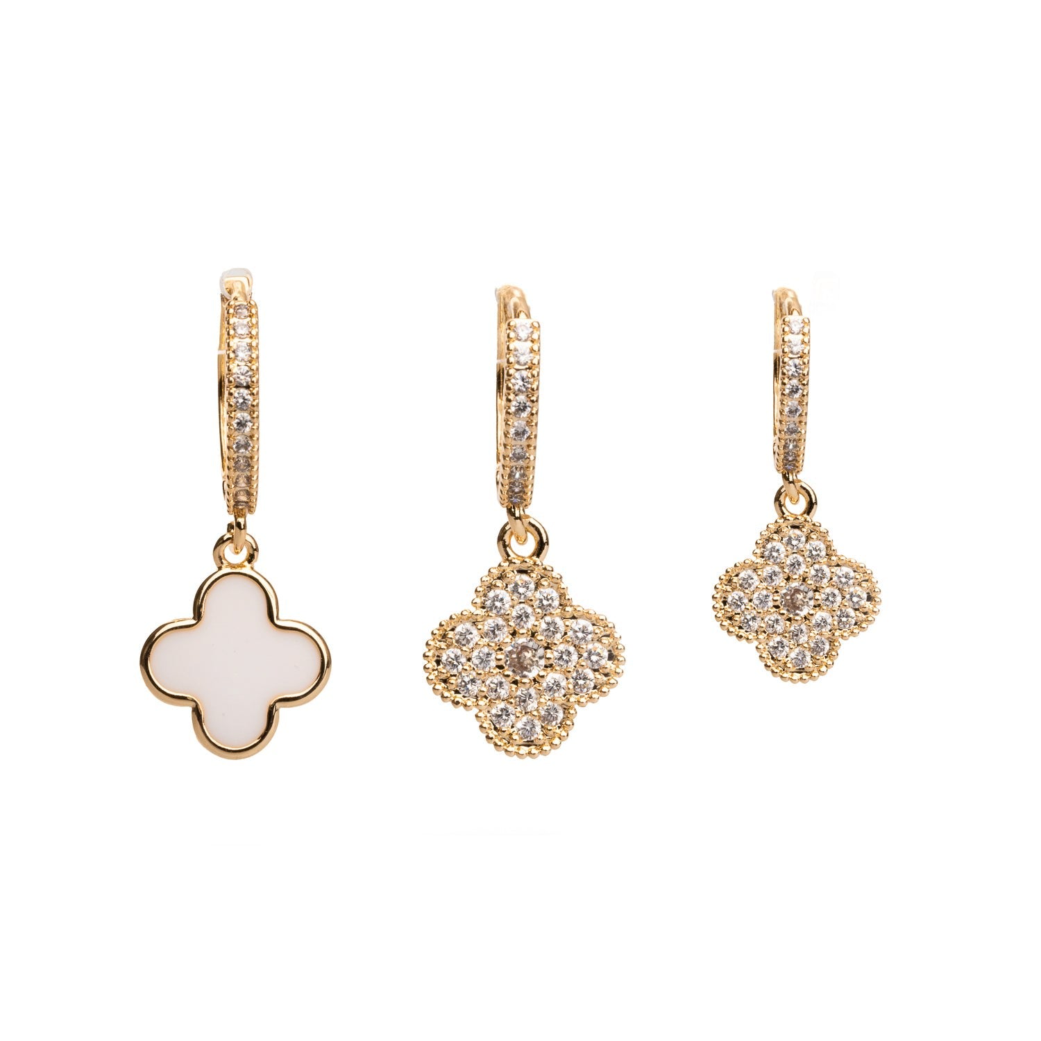 Clover Diamond & White Trio Gold Hoop Earring Set - Gold