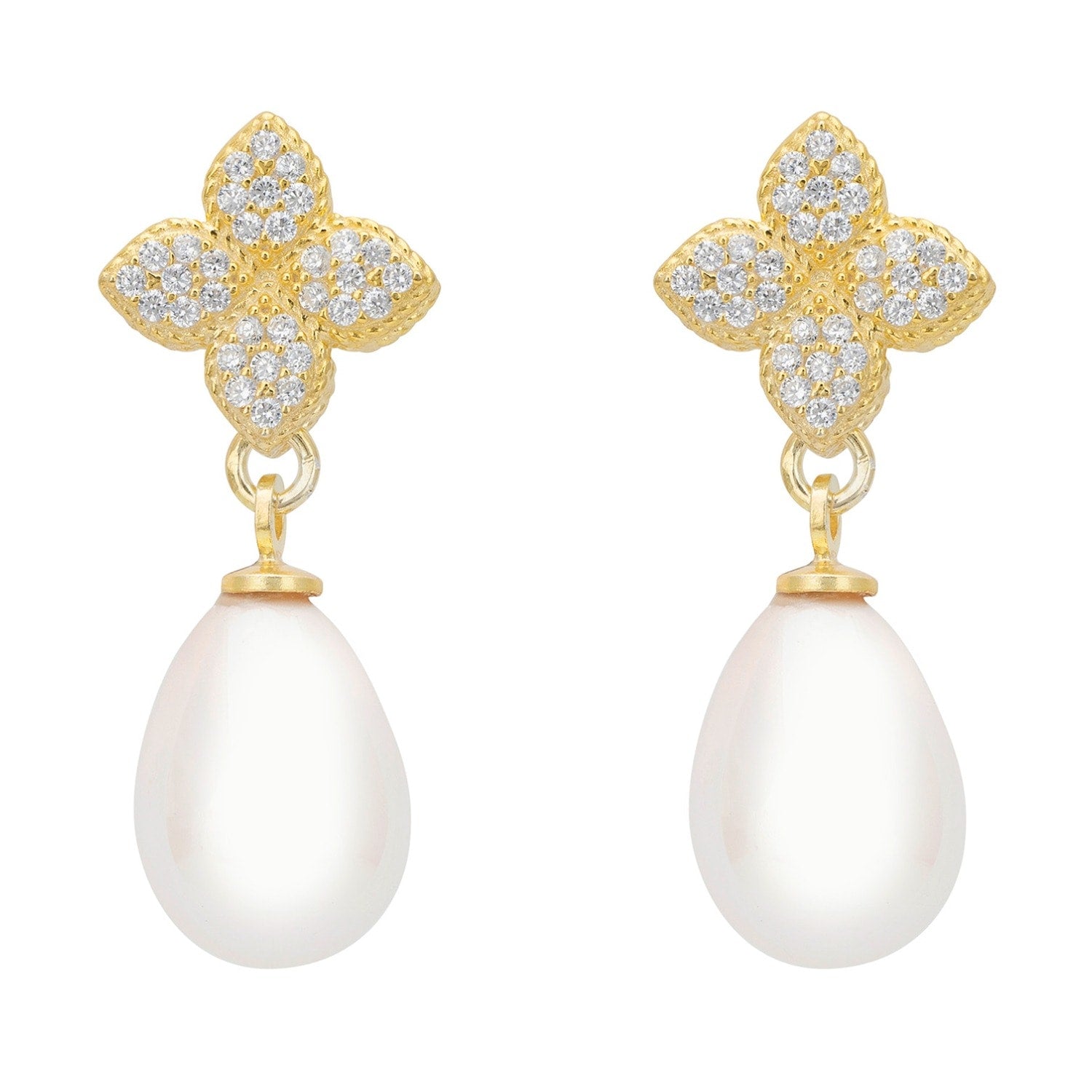 Clover Flower Pearl Drop Cz Earrings Gold