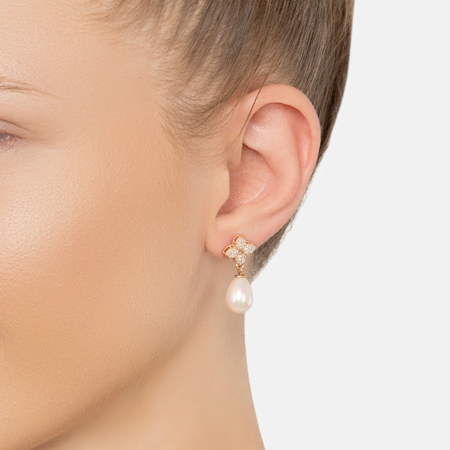 Clover Flower Pearl Drop Cz Earrings Rosegold