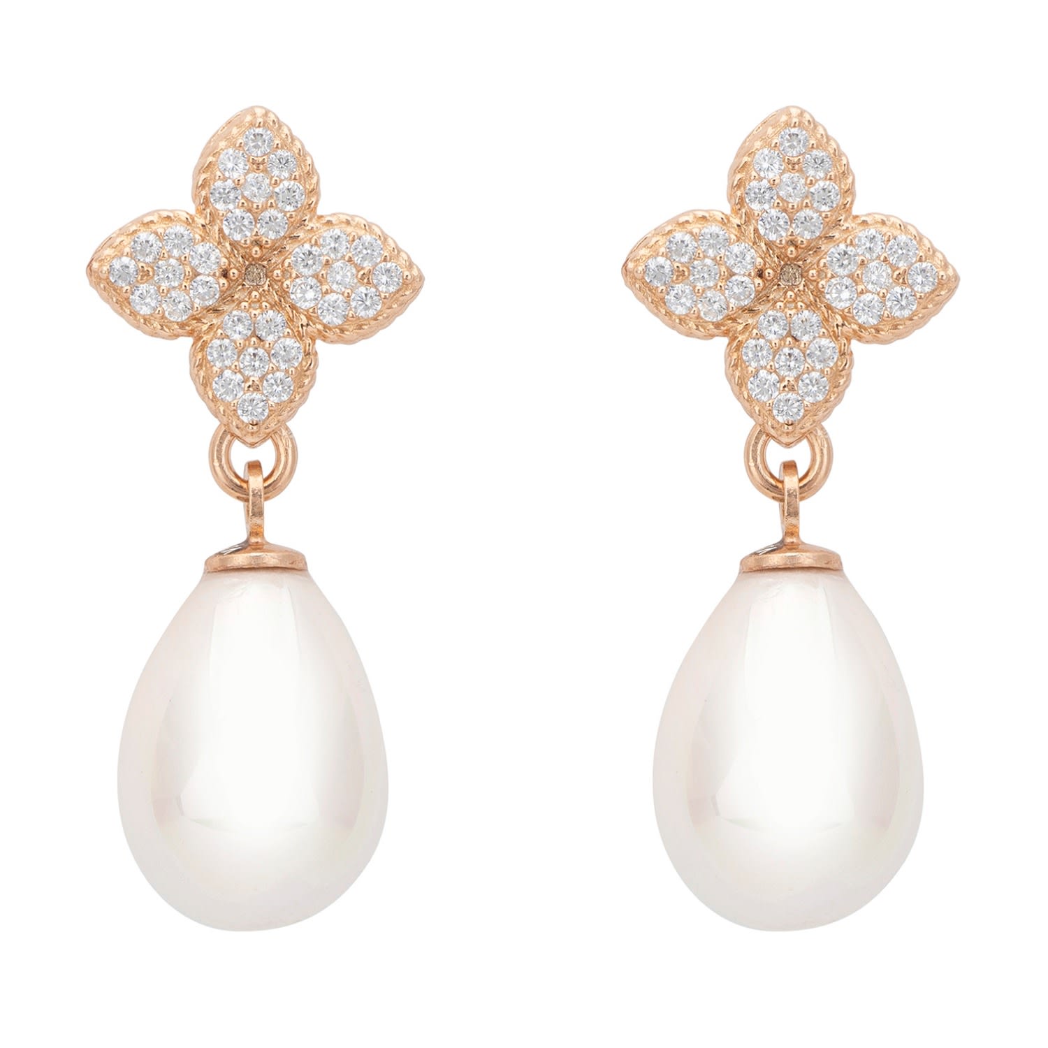 Clover Flower Pearl Drop Cz Earrings Rosegold