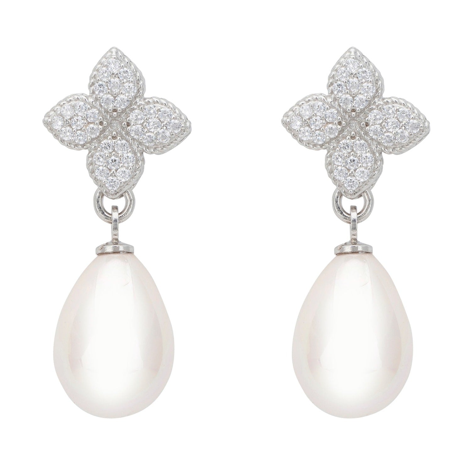 Clover Flower Pearl Drop Cz Earrings Silver