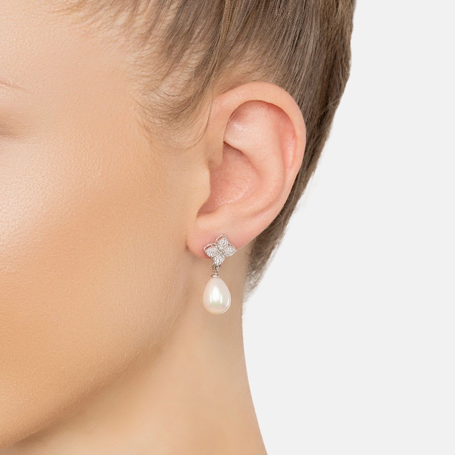 Clover Flower Pearl Drop Cz Earrings Silver