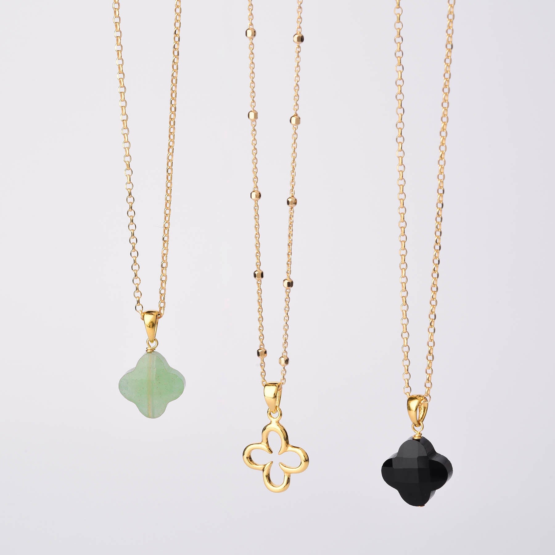 Black Agate Gem Clover Necklace Sterling Silver