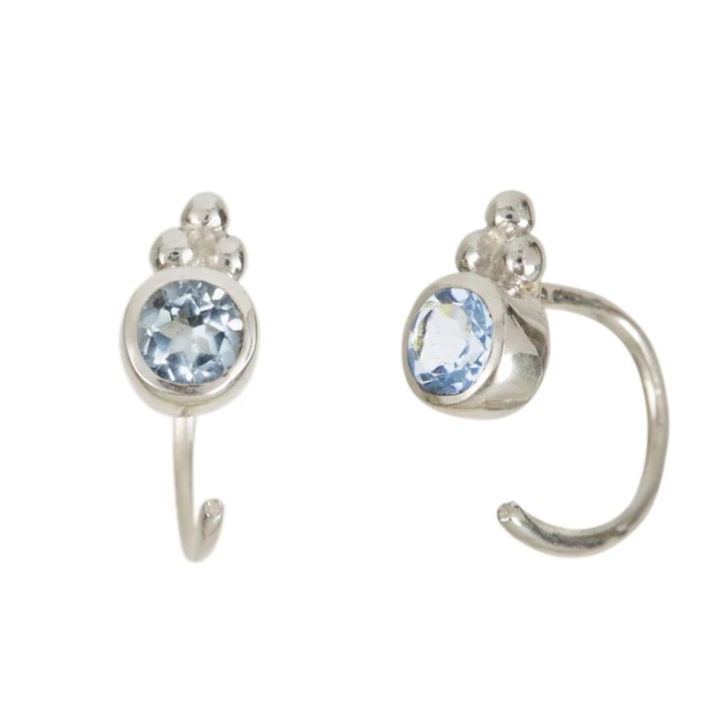 Holi Jewel Silver Stud Hoop Earrings - Blue Topaz