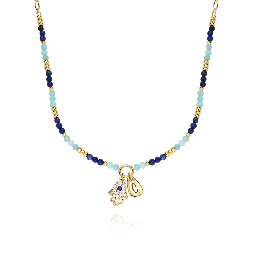 Coastal Hamsa Initial Necklace with Semi-Precious Beads in 18K Gold Plated Brass