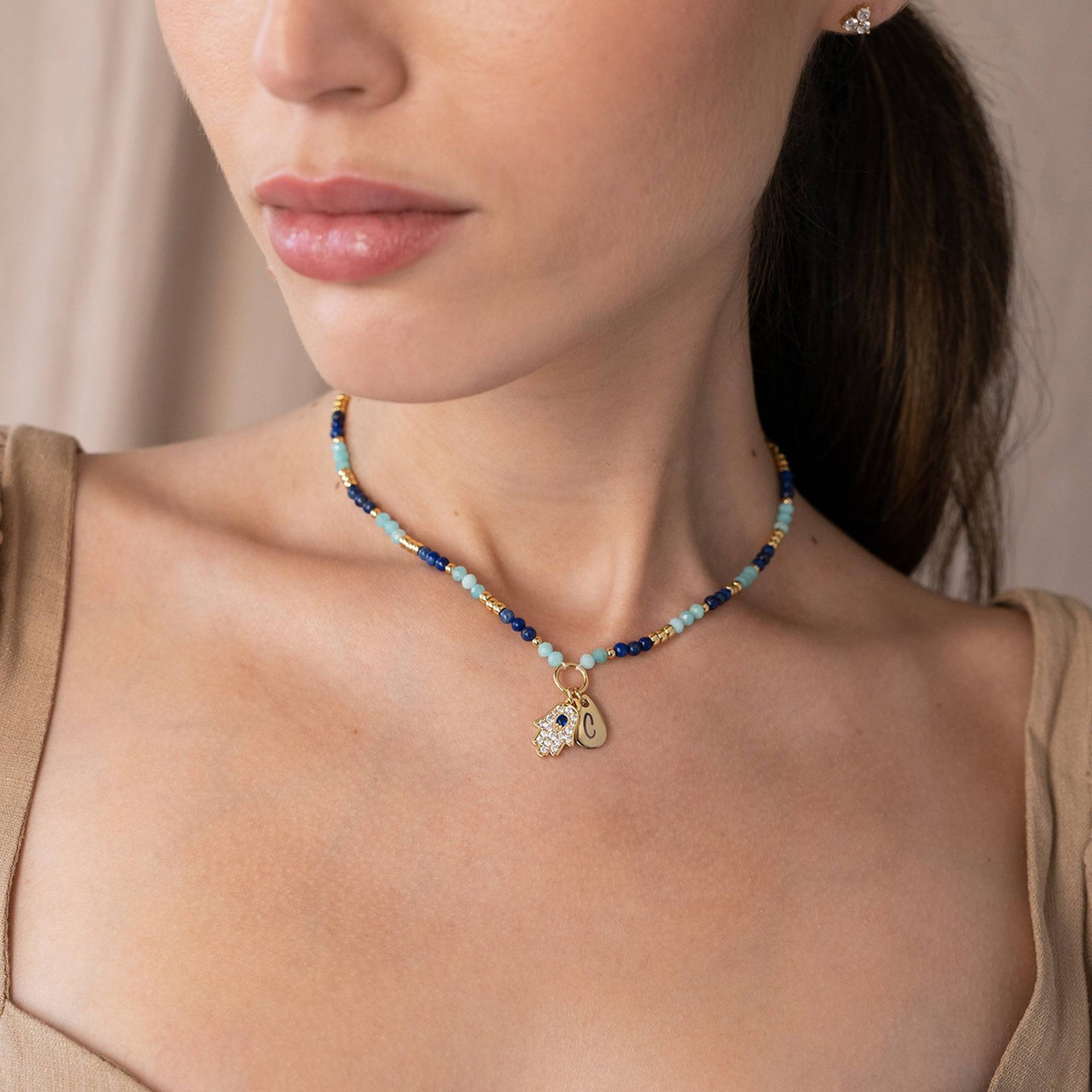 Coastal Hamsa Initial Necklace with Semi-Precious Beads in 18K Gold Plated Brass
