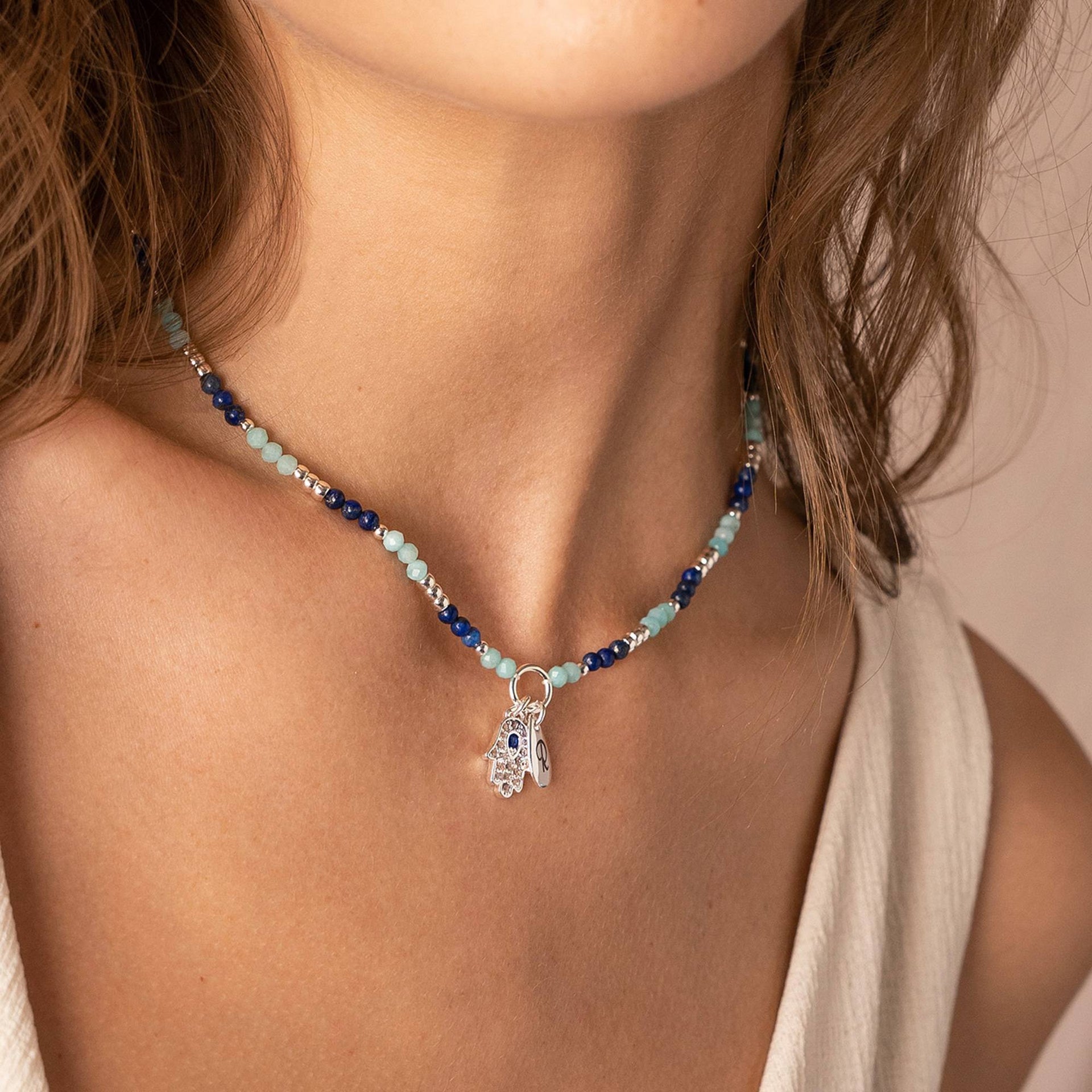 Coastal Hamsa Initial Necklace with Semi-Precious Beads in Brass