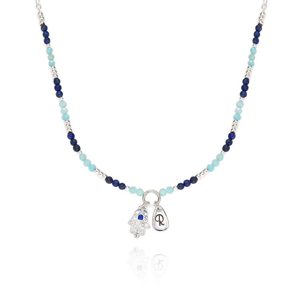 Coastal Hamsa Initial Necklace with Semi-Precious Beads in Brass
