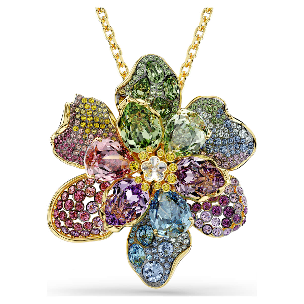 IDYLLIA PENDANT AND BROOCH MIXED CUTS PAVE FLOWER MULTICOLORED GOLD TONE PLATED
