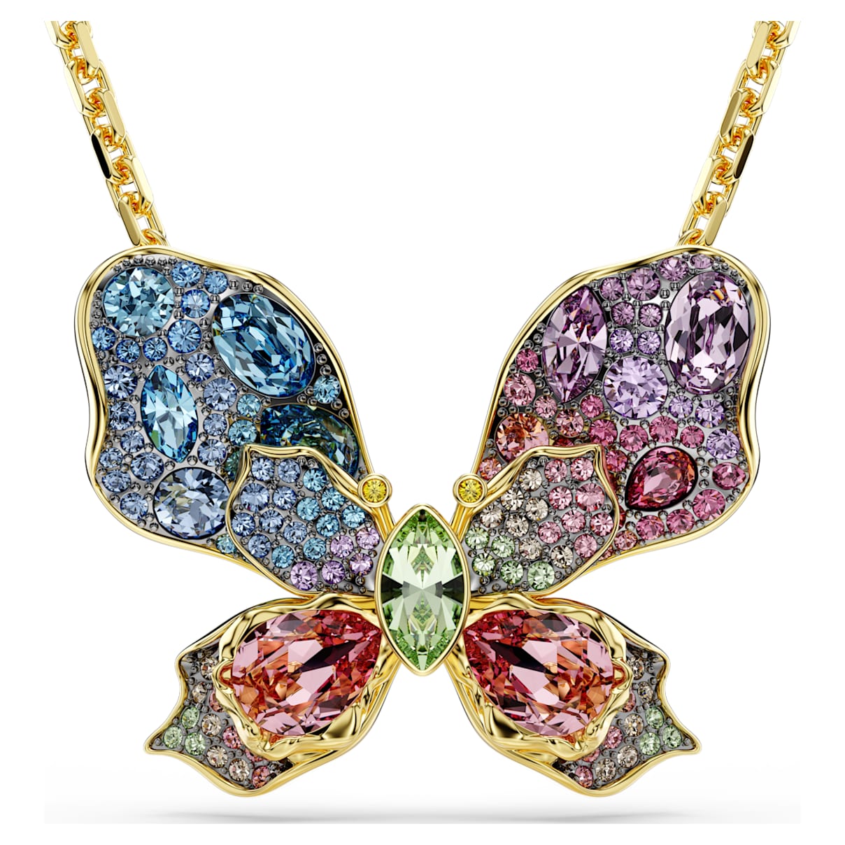 IDYLLIA PENDANT AND BROOCH MIXED CUTS PAVE BUTTERFLY MULTICOLORED GOLD TONE PLATED