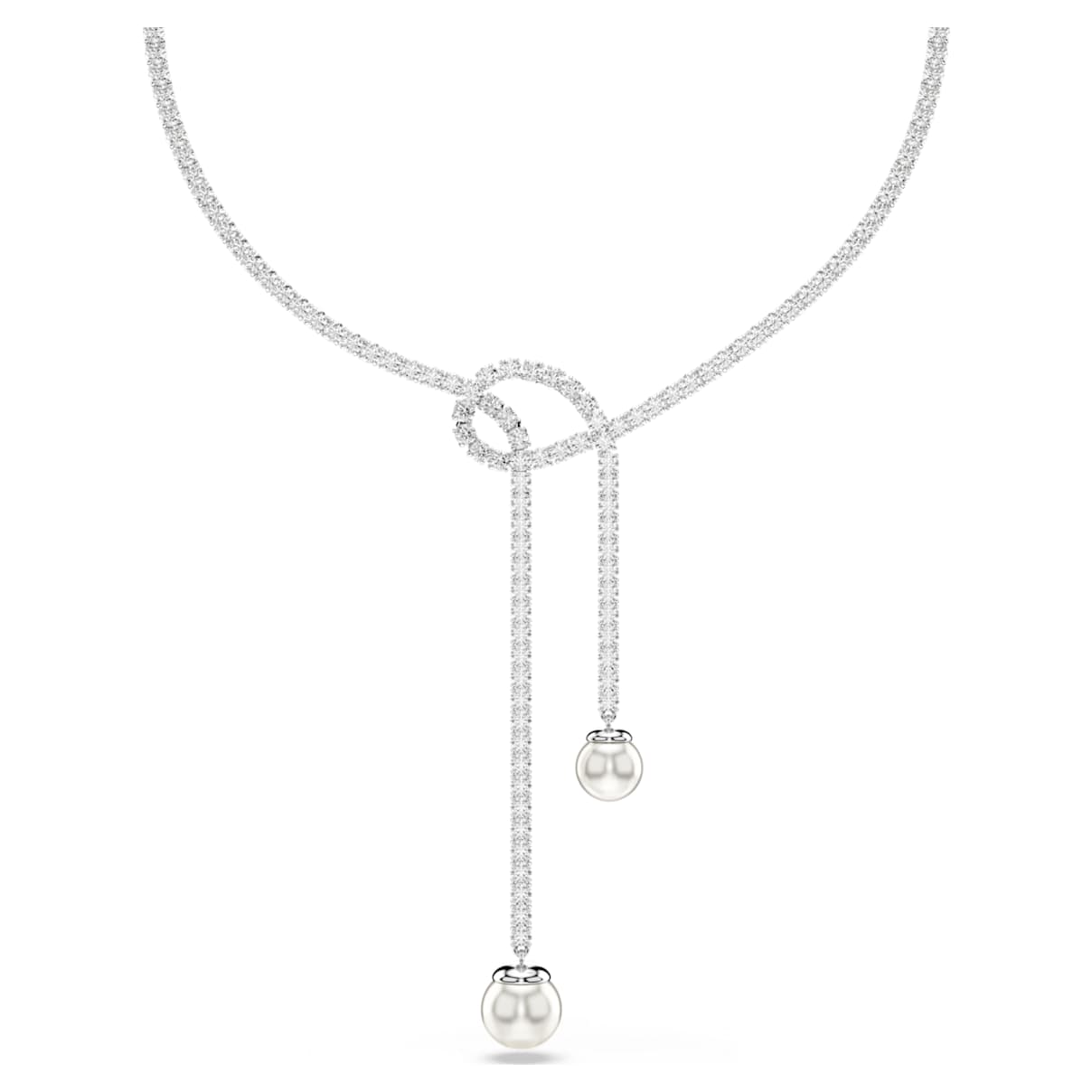MATRIX Y NECKLACE CRYSTAL PEARL ROUND CUT WHITE RHODIUM PLATED