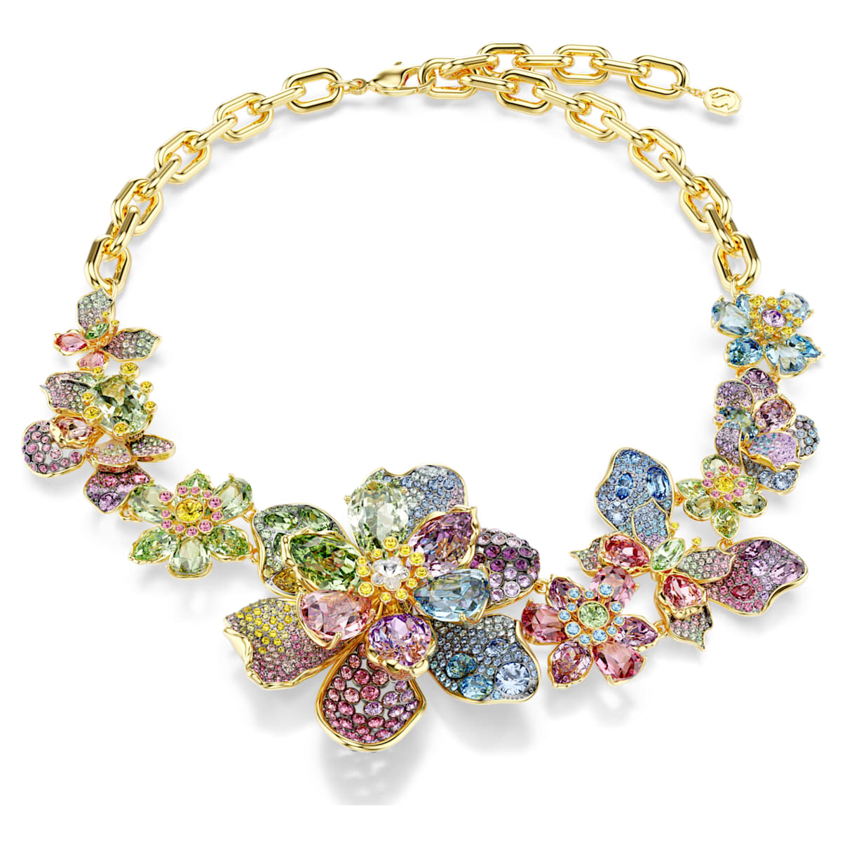 IDYLLIA NECKLACE MIXED CUTS PAVE FLOWER MULTICOLORED GOLD TONE PLATED