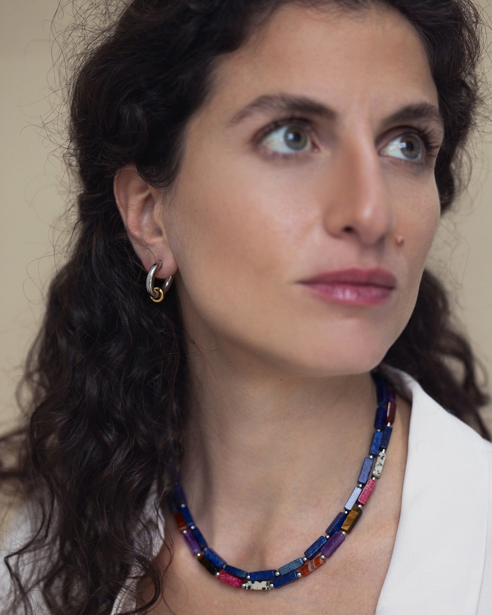 Color Harmony Necklace With Tiger Eye, Amethyst, Lapis Lazuli, Red Agate, Dalmatian Jasper, & Imperial Jasper