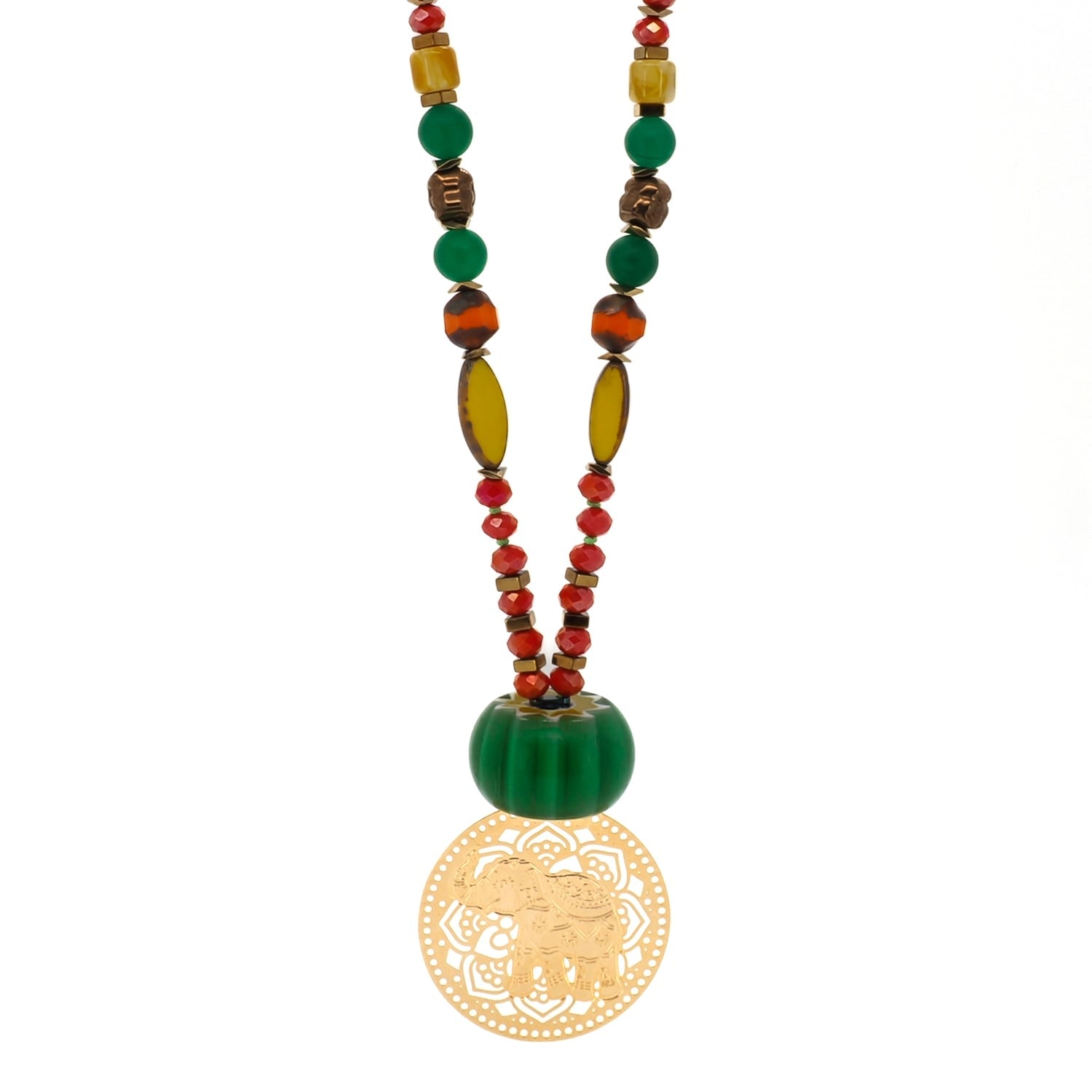 Colorful African Beaded Filigree Gold Elephant Pendant Necklace - Red