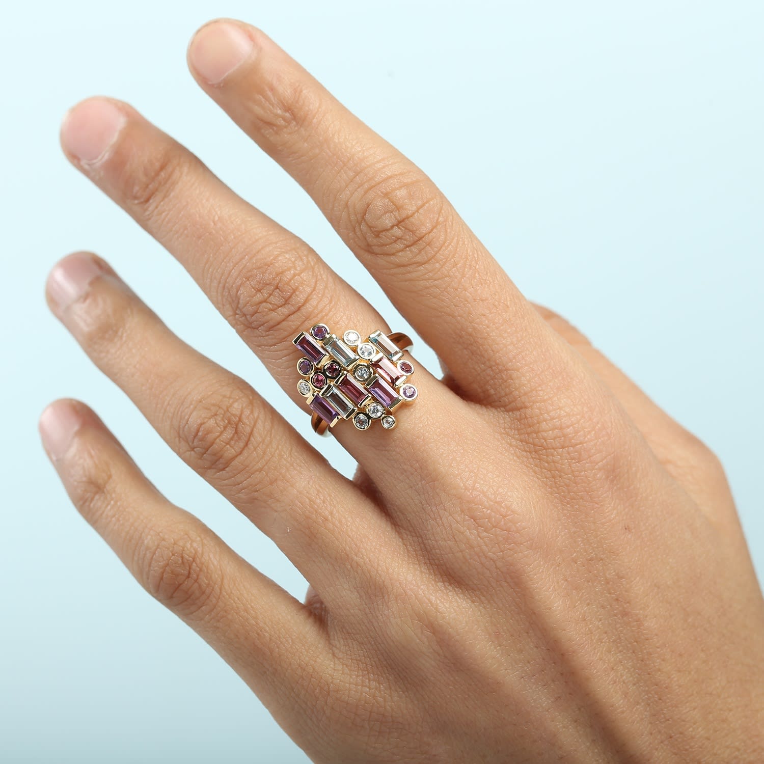 Colorful Gemstone & Diamond Spectrum Band In 18K Yellow Gold