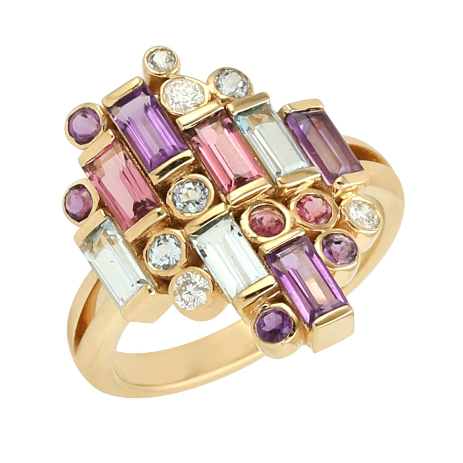 Colorful Gemstone & Diamond Spectrum Band In 18K Yellow Gold