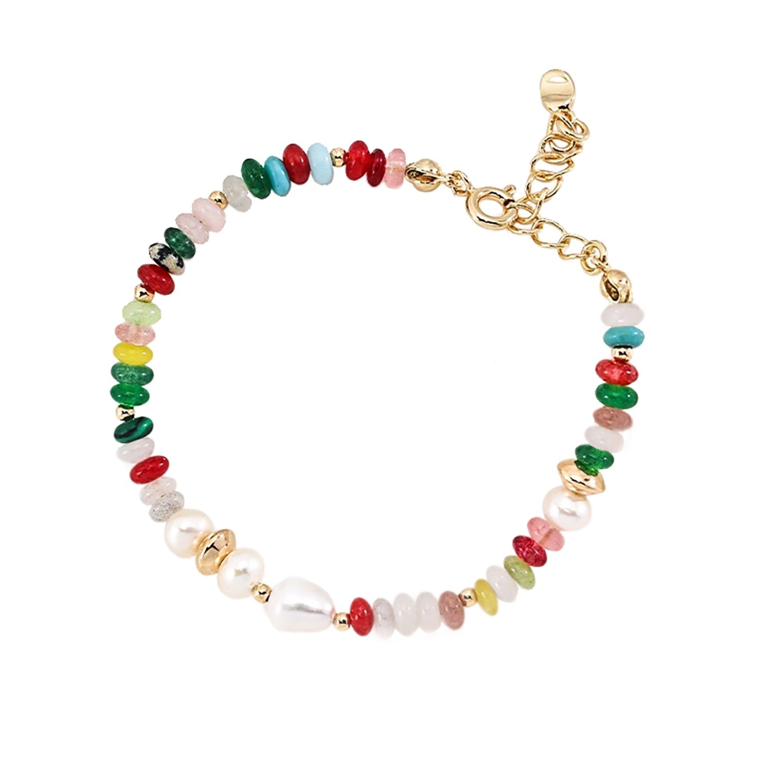 Colorful Gemstone With Pearls Gold Bracelet