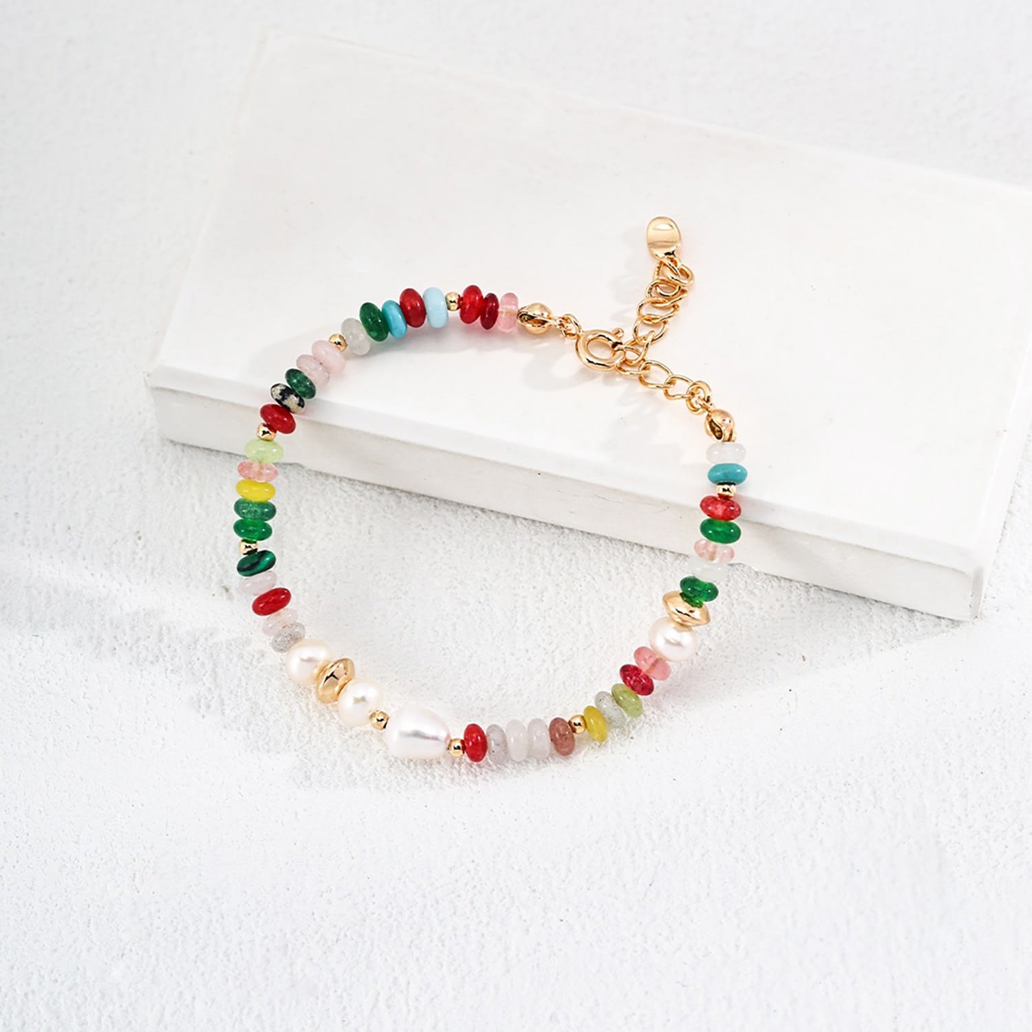 Colorful Gemstone With Pearls Gold Bracelet