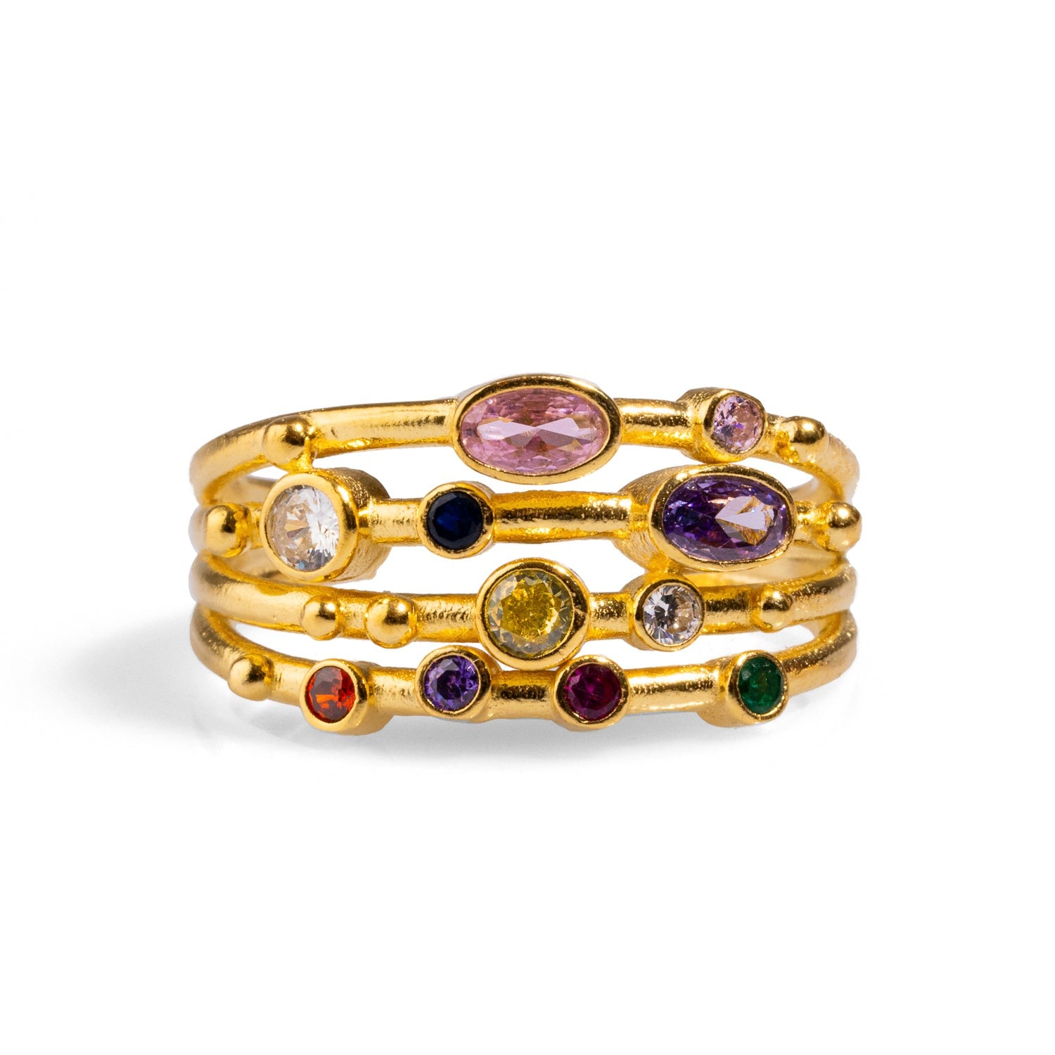 Colorful Multi Gemstone & Gold Adjustable Statement Ring - Multicolor