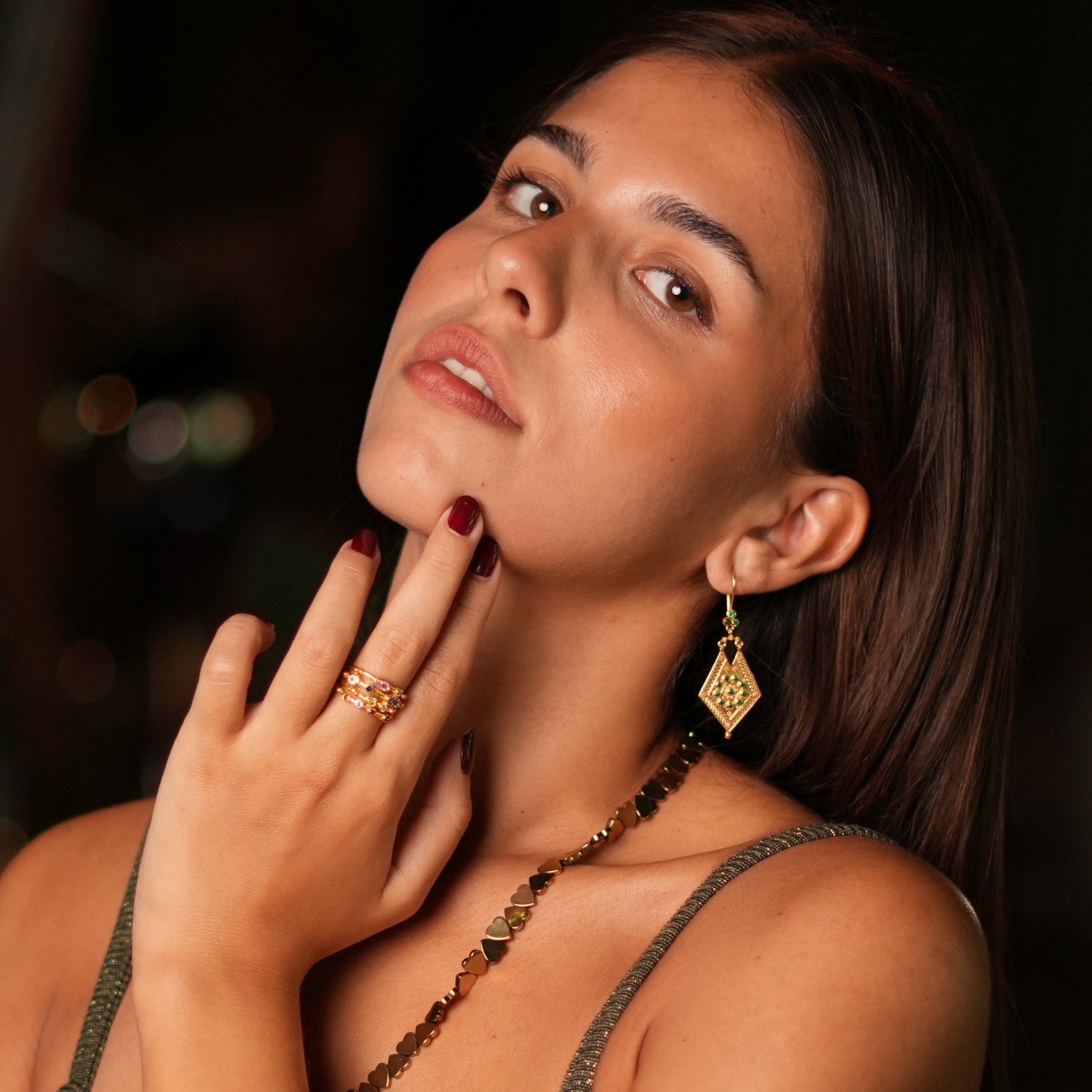 Colorful Multi Gemstone & Gold Adjustable Statement Ring - Multicolor