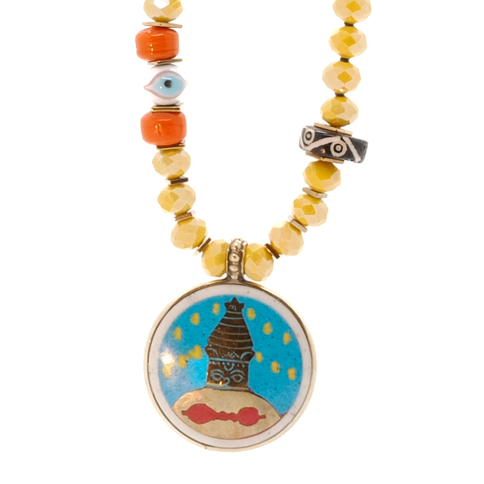Colorful Nepal Mantra Pendant Yellow Beaded Long Necklace - Yellow