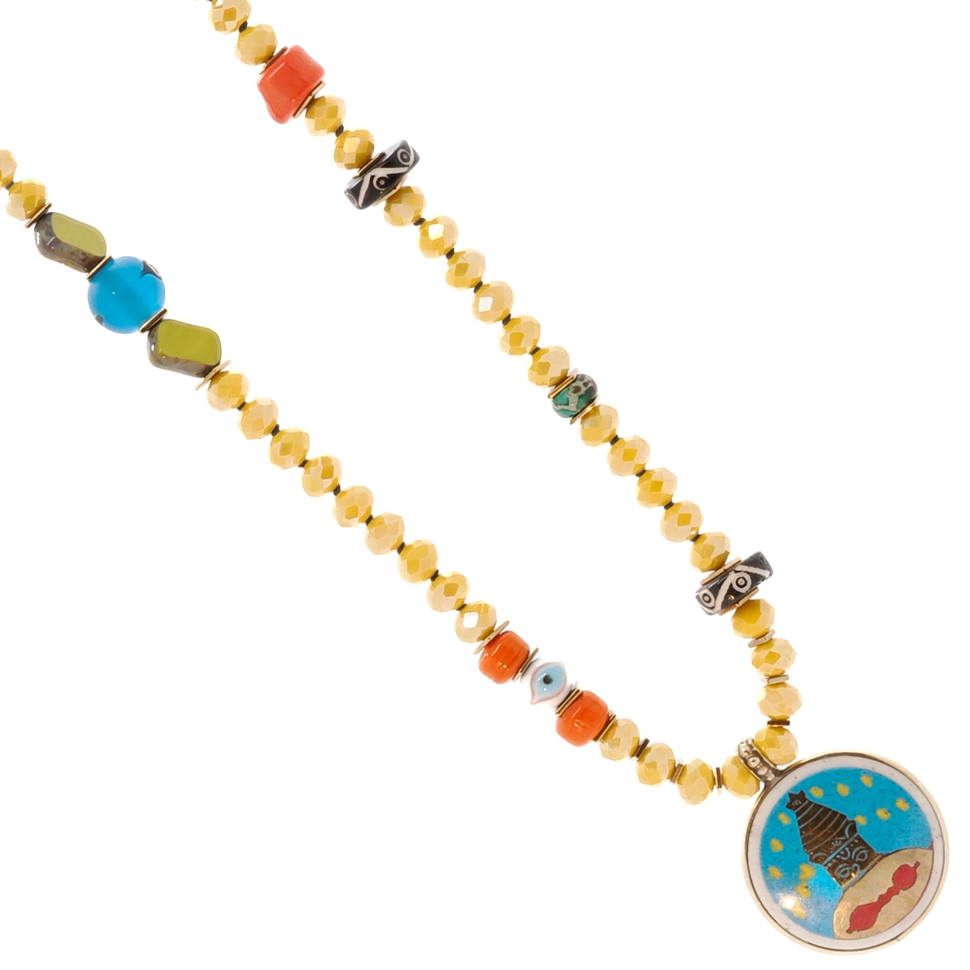 Colorful Nepal Mantra Pendant Yellow Beaded Long Necklace - Yellow