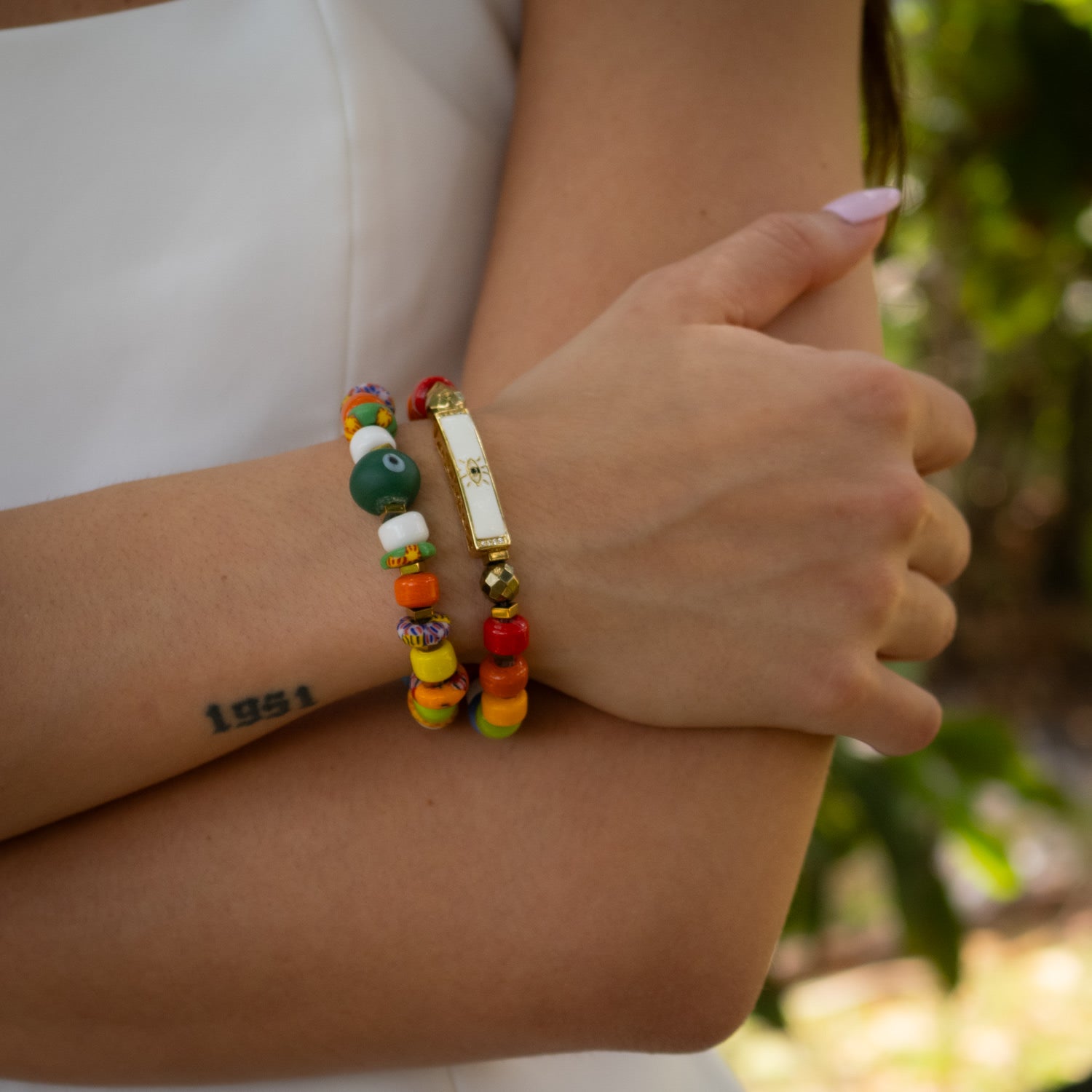 Colorful Protection Evil Eye Charm Ceramic Bracelet Duo - Multicolor