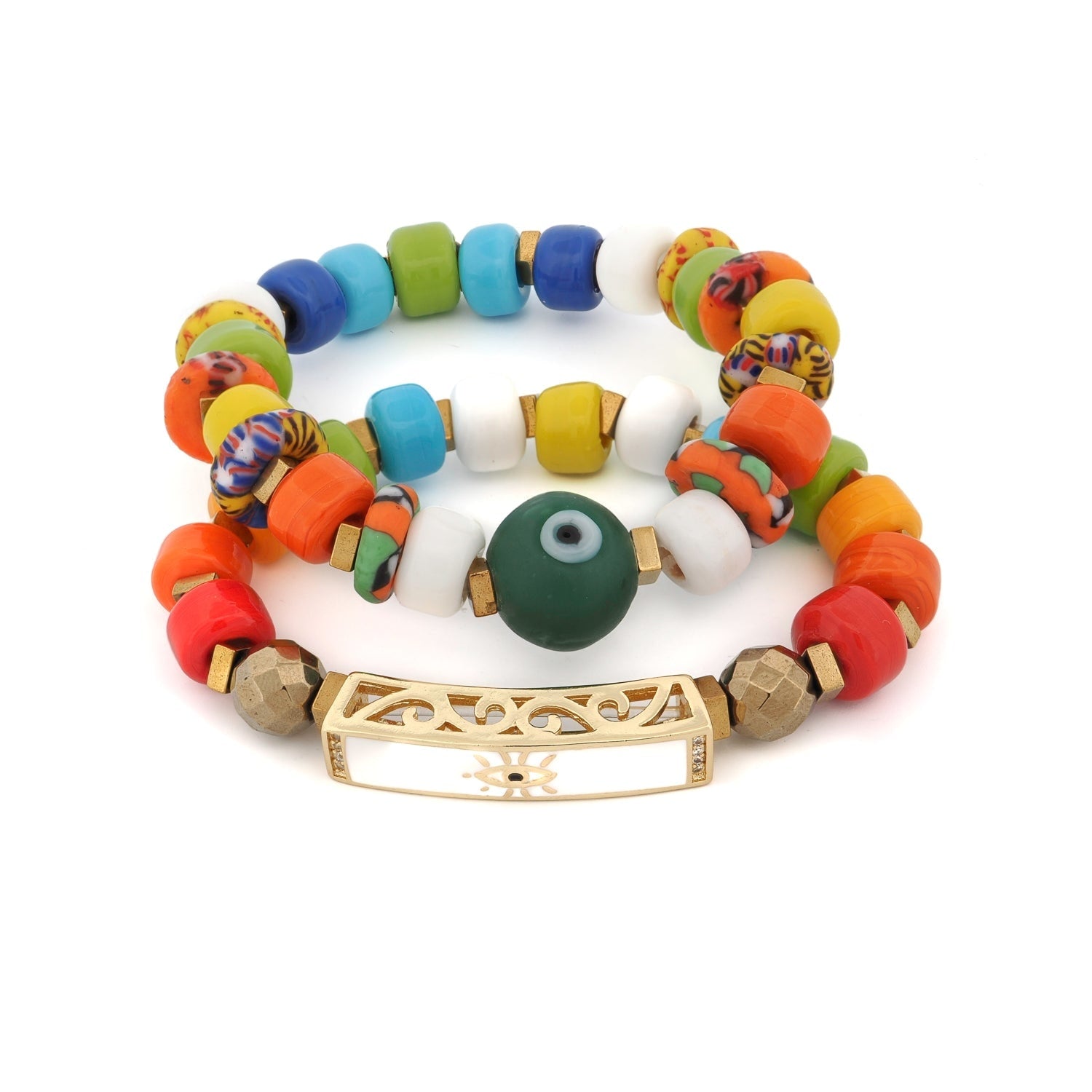 Colorful Protection Evil Eye Charm Ceramic Bracelet Duo - Multicolor