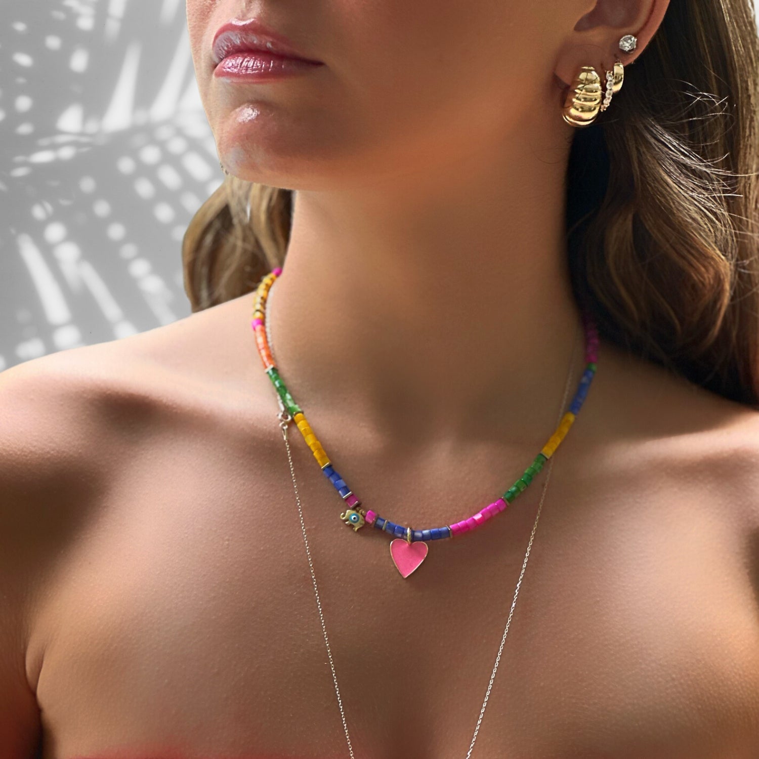 Pink Heart & Elephant Colorful Beaded Necklace - Pink