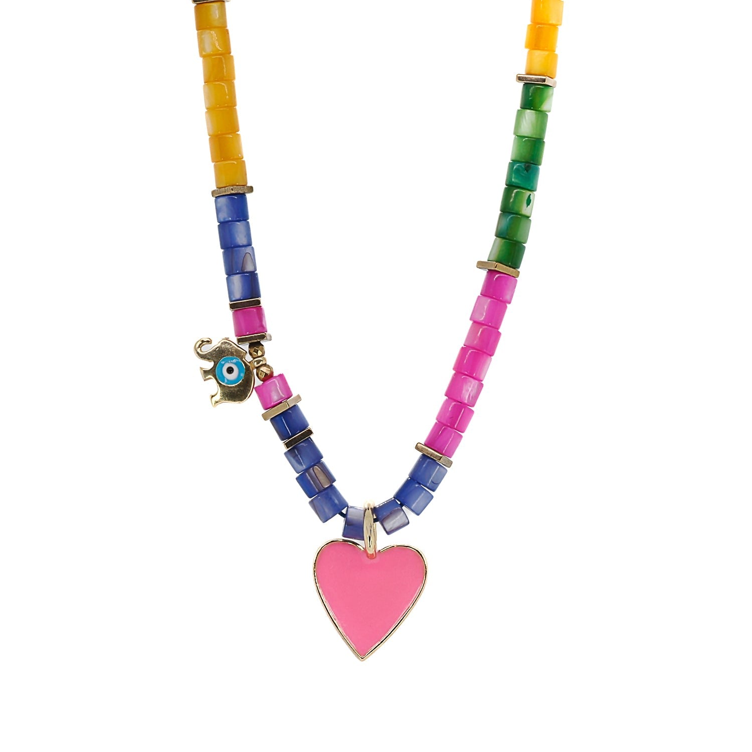 Pink Heart & Elephant Colorful Beaded Necklace - Pink