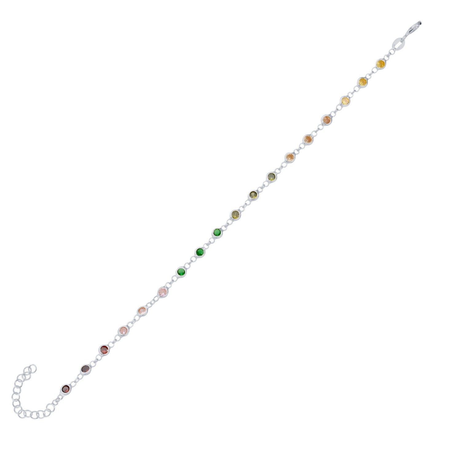 Colourful Rainbow Jewelled Sterling Silver Chain Bracelet - Silver