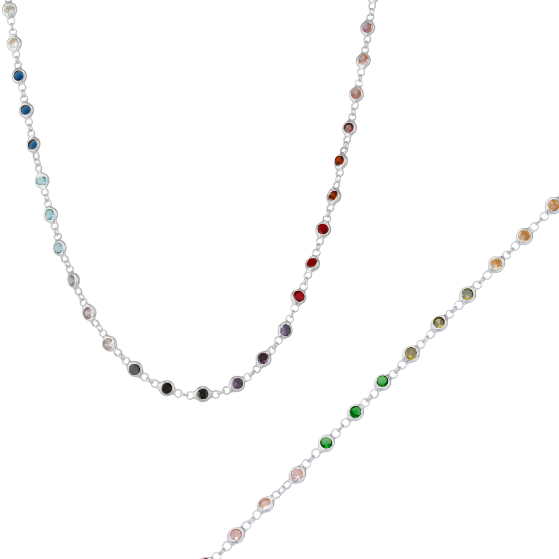 Colourful Rainbow Jewelled Tennis Style Sterling Silver Chain Necklace & Bracelet Set - Silver