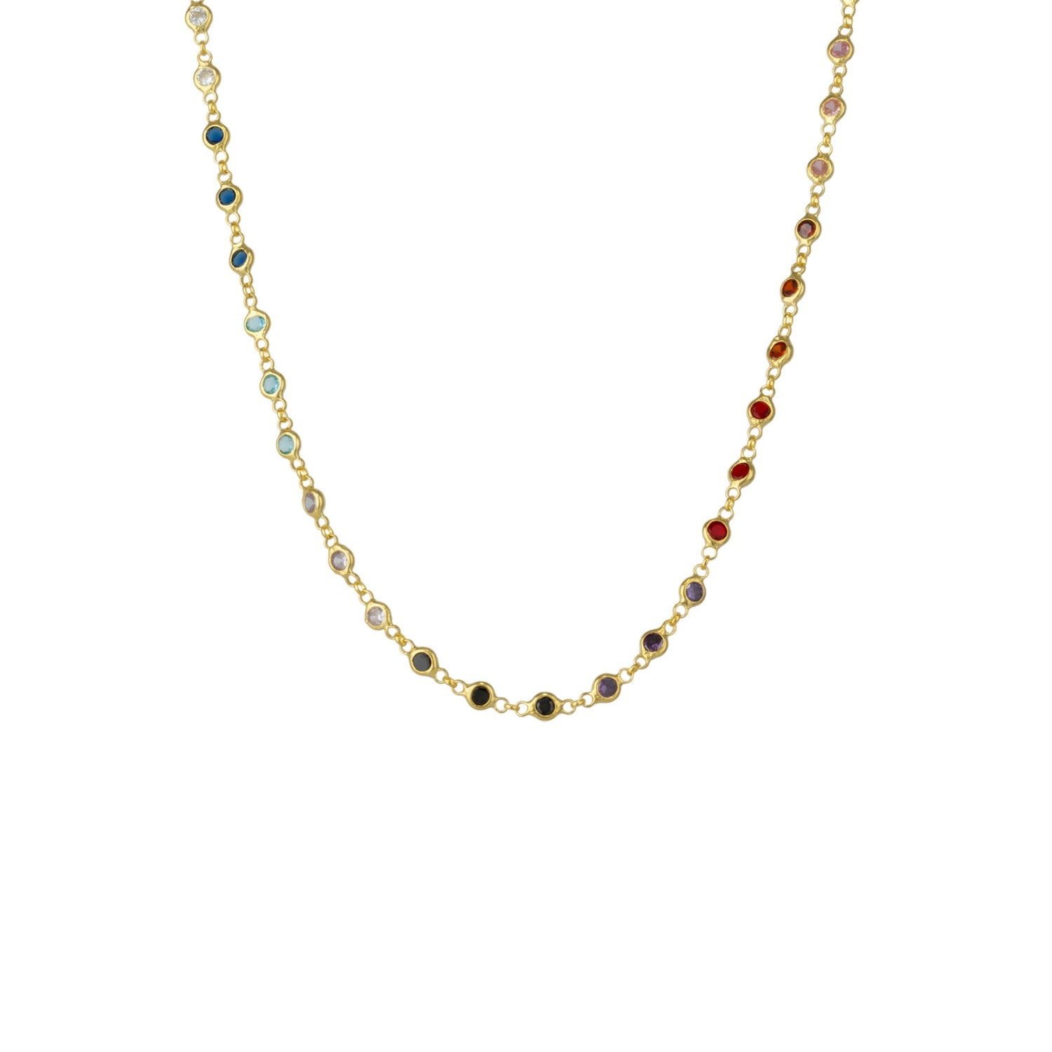 Colourful Rainbow Jewelled Sterling Silver Chain Necklace - Gold