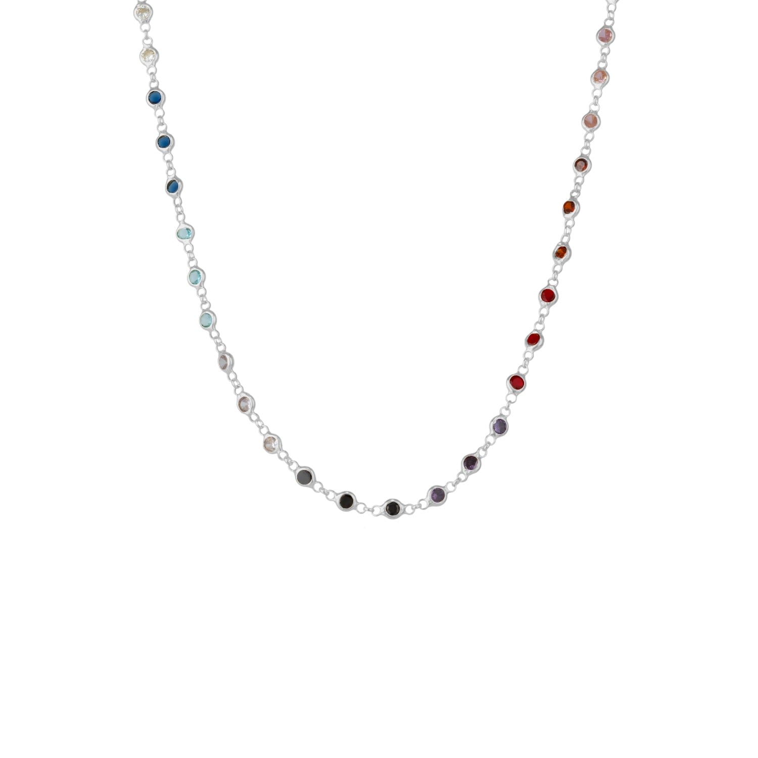 Colourful Rainbow Jewelled Sterling Silver Chain Necklace - Silver