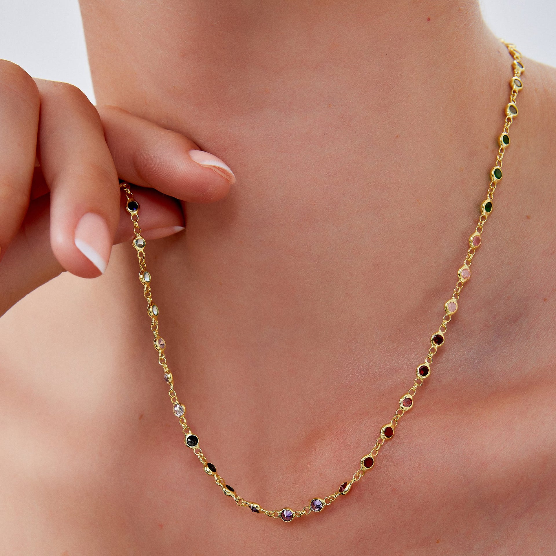 Colourful Rainbow Jewelled Sterling Silver Chain Necklace - Gold