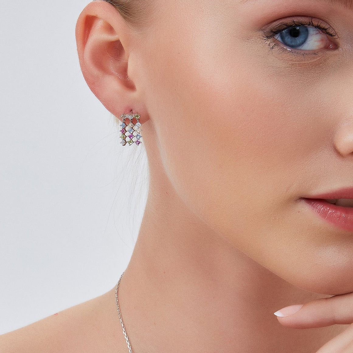 Colourful Rainbow Jewelled Sterling Silver Cluster Stud Drop Earring