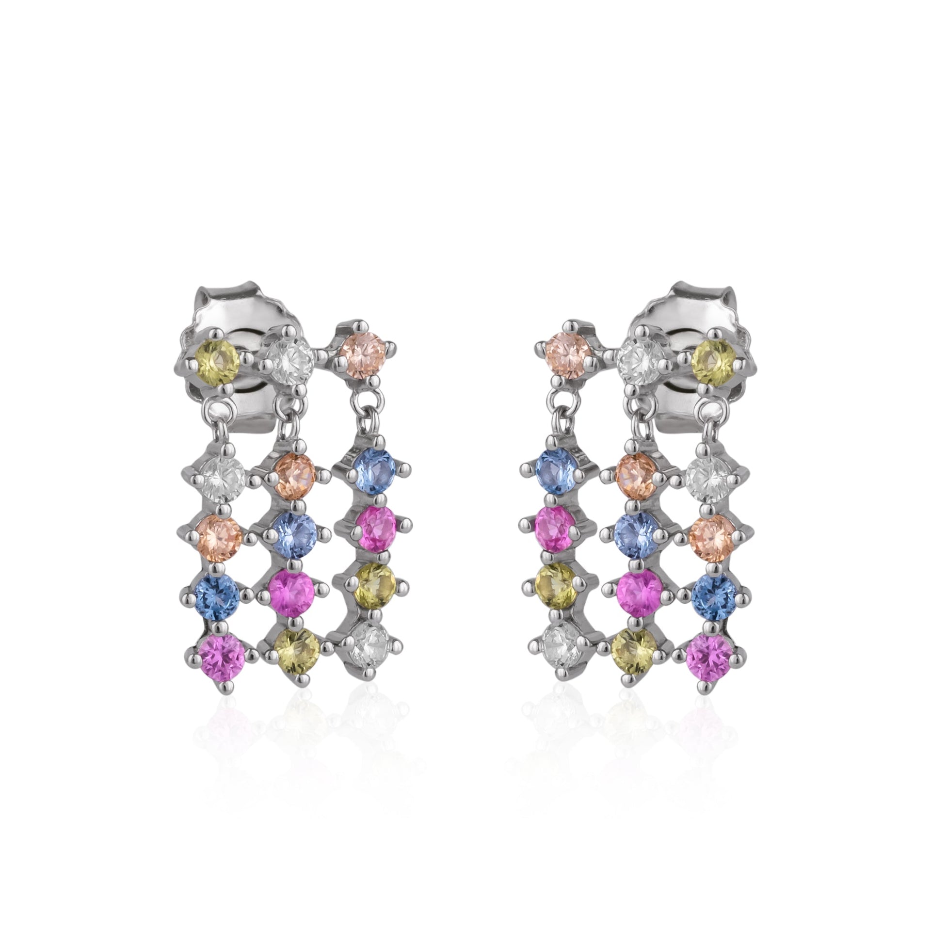 Colourful Rainbow Jewelled Sterling Silver Cluster Stud Drop Earring