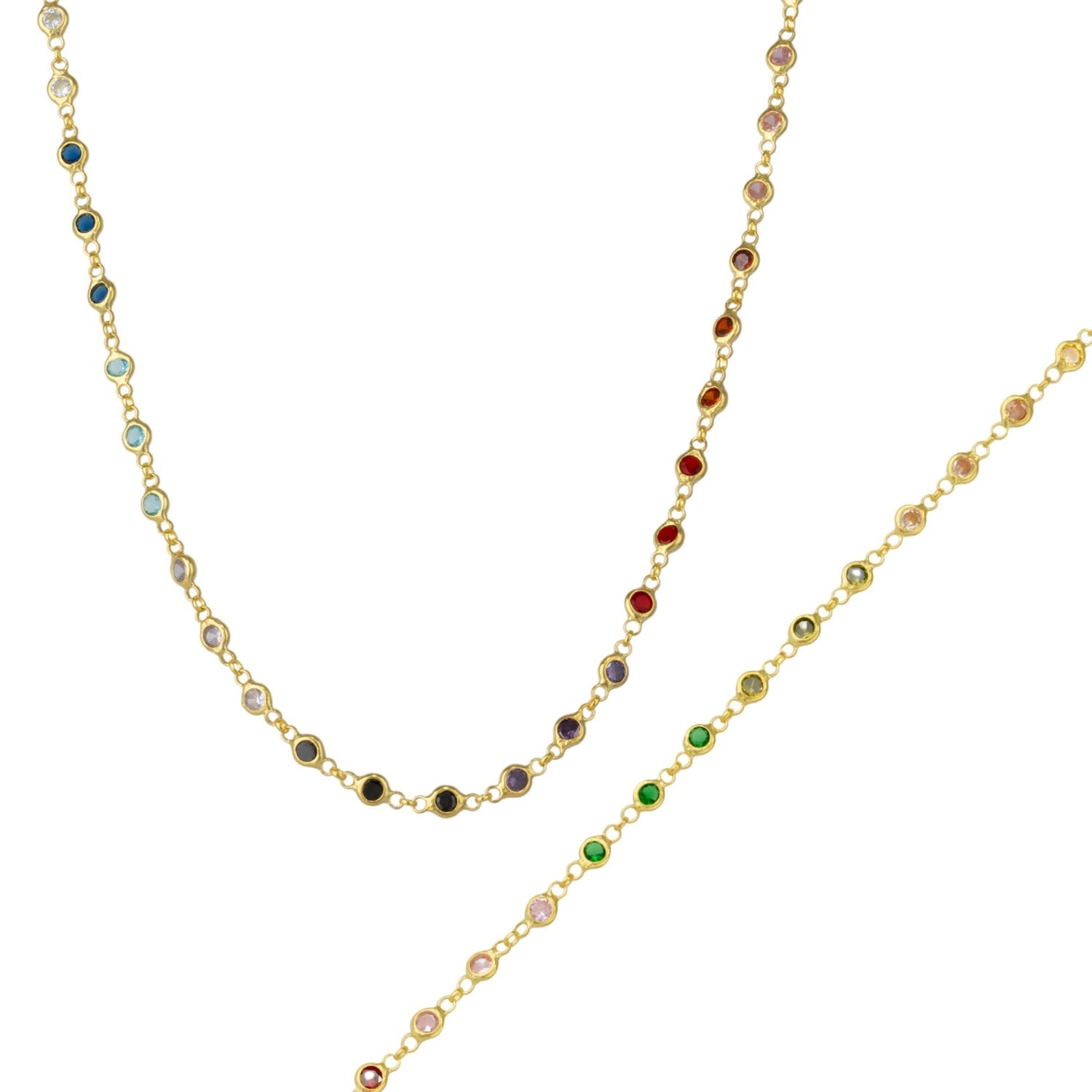 Colourful Rainbow Jewelled Tennis Style Sterling Silver Chain Necklace & Bracelet Set - Gold