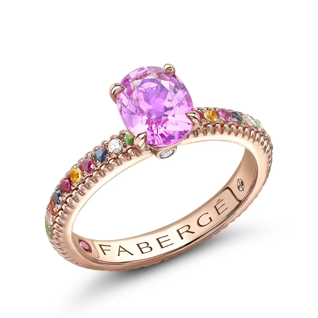 Fluted Pink Sapphire Ring with Multicoloured Gemstone Shoulders