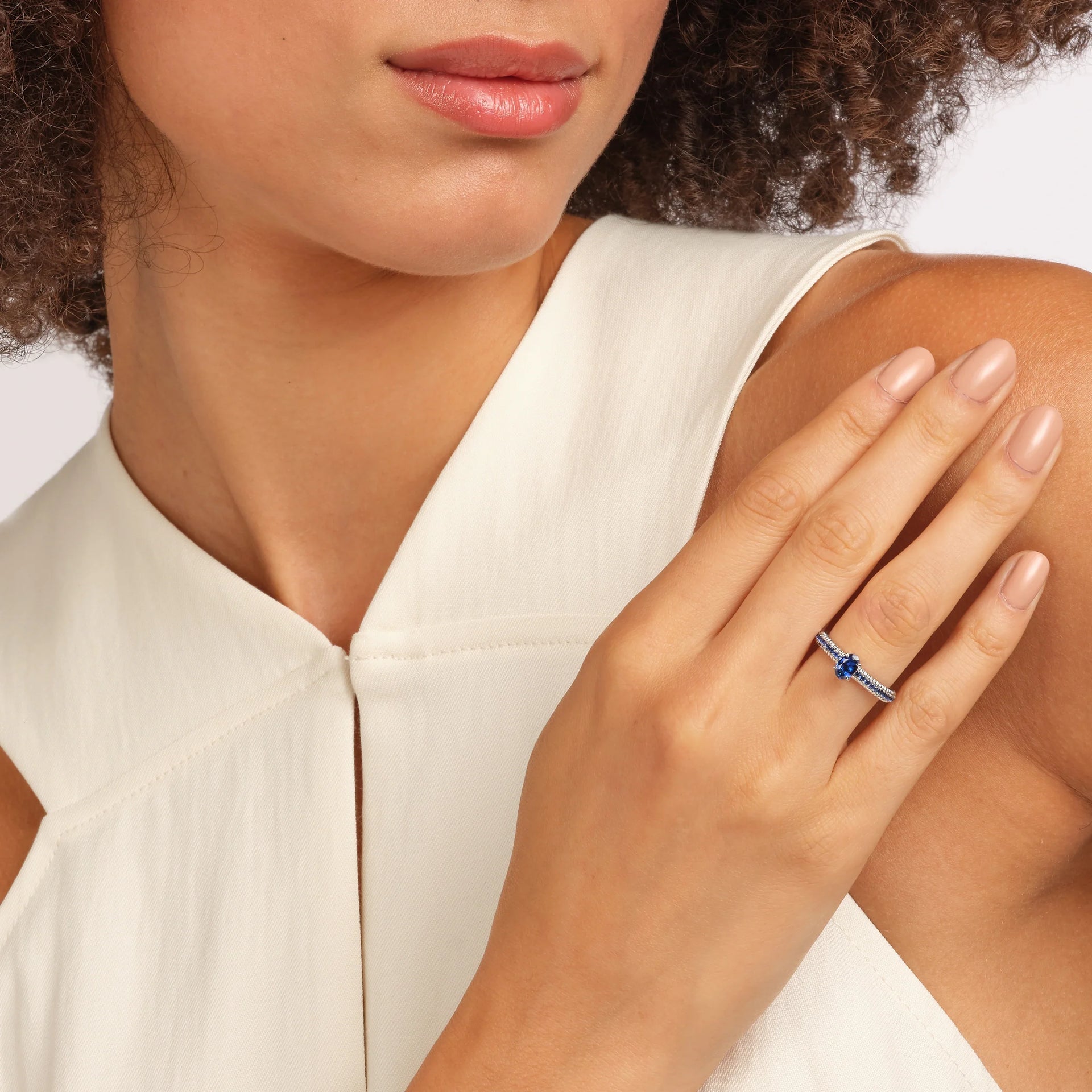 Fluted Blue Sapphire Ring with Blue Sapphire Shoulders