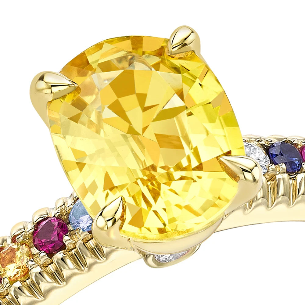 Fluted Yellow Sapphire Ring with Multicoloured Gemstone Shoulders