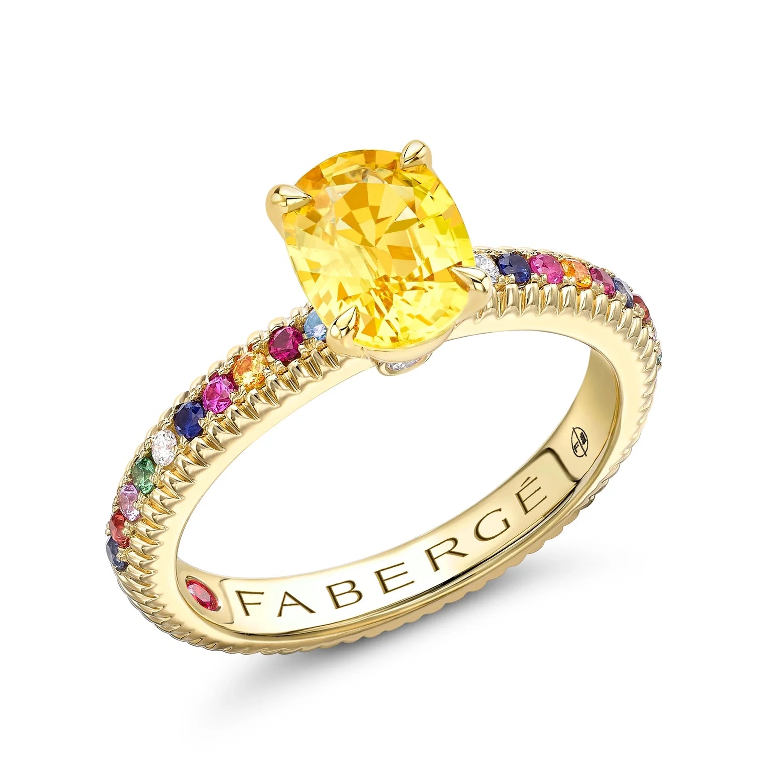 Fluted Yellow Sapphire Ring with Multicoloured Gemstone Shoulders