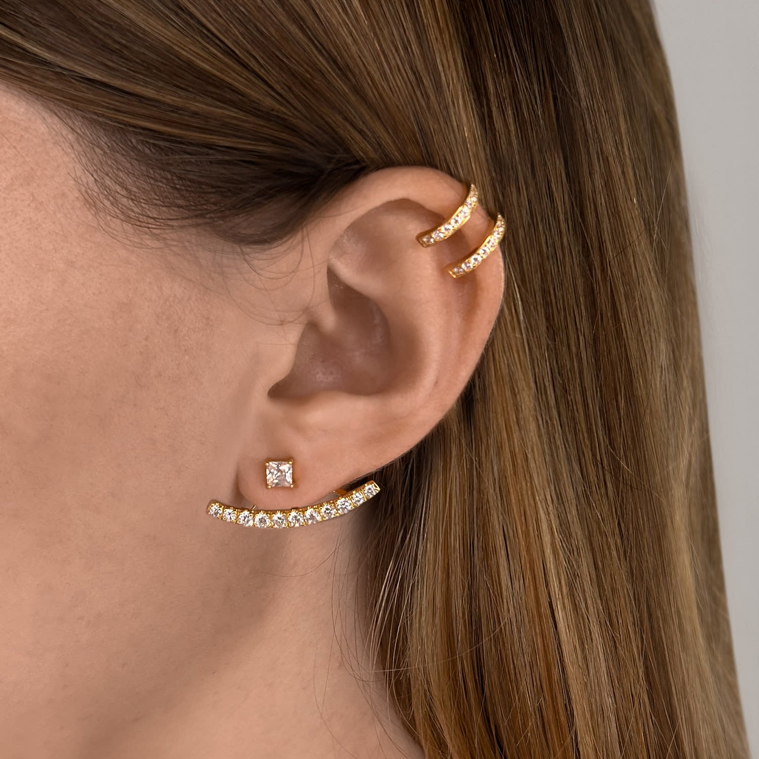 Complete Ear Jacket With Man Made Cz Diamond Stimulant In Sterling Silver & 18K Gold Vermeil