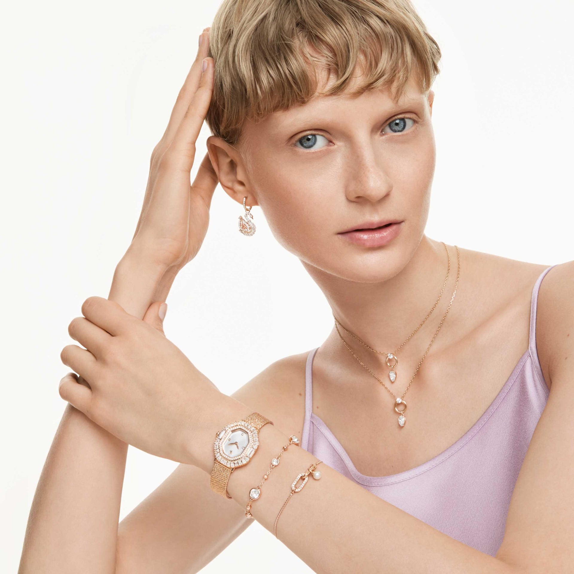 CONSTELLA BRACELET CRYSTAL PEARL ROUND CUT WHITE ROSE GOLD TONE PLATED