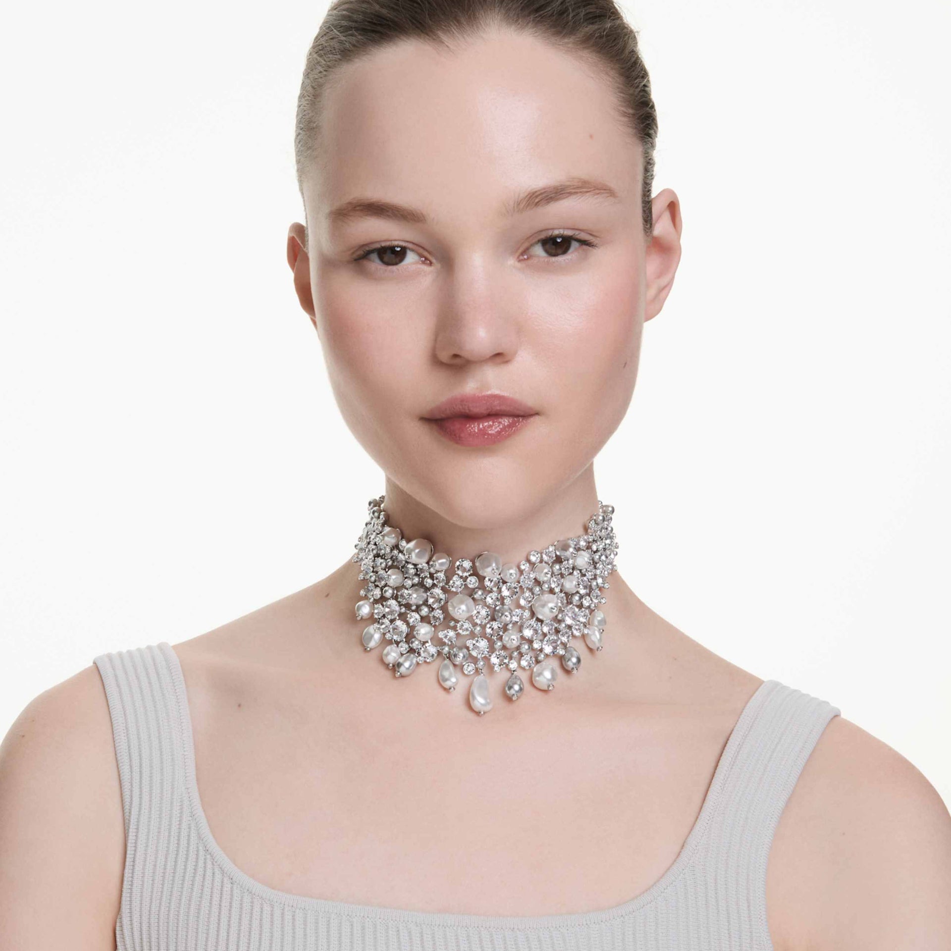 CONSTELLA CHOKER CRYSTAL PEARL ROUND CUT WHITE RHODIUM PLATED